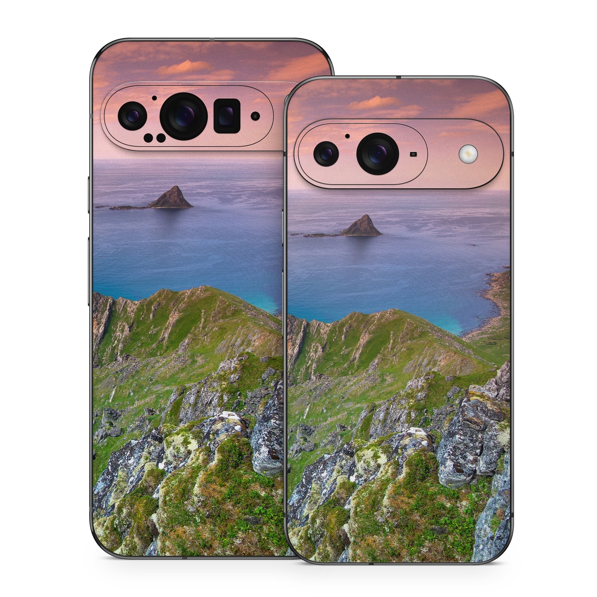Google Pixel 9 Series Skin design of Body of water, Nature, Sky, Coast, Sea, Headland, Natural landscape, Promontory, Coastal and oceanic landforms, Cliff, with red, orange, green, blue, yellow colors