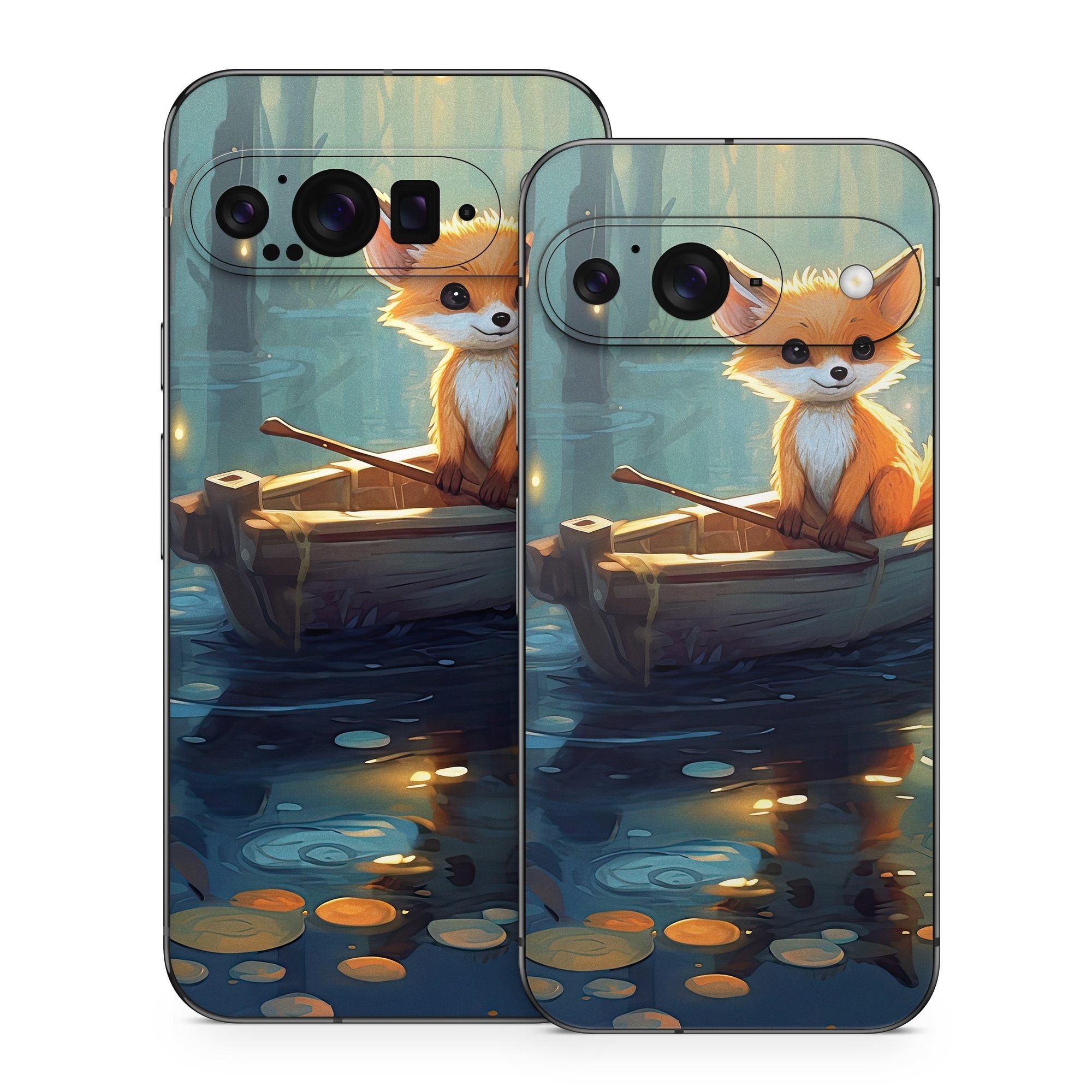 Google Pixel 9 Series Skin design of Water, Boat, Light, Nature, Organism, Orange, Cartoon, Watercraft, Art, Plant, with blue, yellow, orange, white, black, gray, green, brown colors