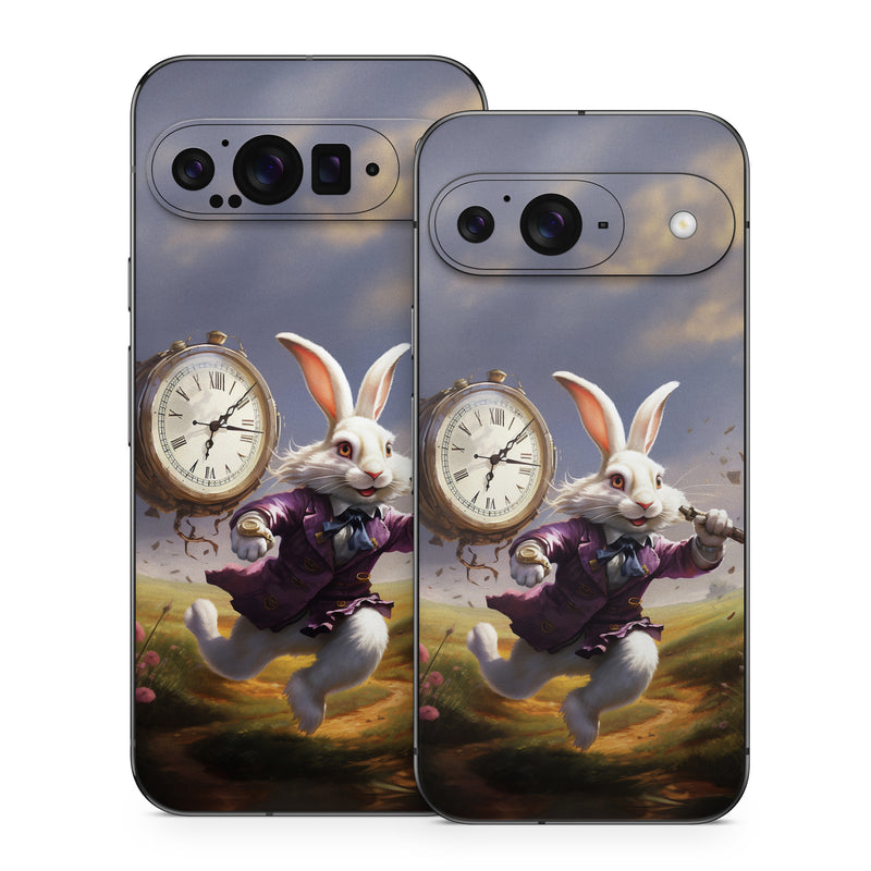 Google Pixel 9 Series Skin design of Sky, Plant, Nature, Cartoon, Rabbit, Cloud, Clock, Happy, Fawn, Art, with white, gray, purple, blue, green, pink, brown colors