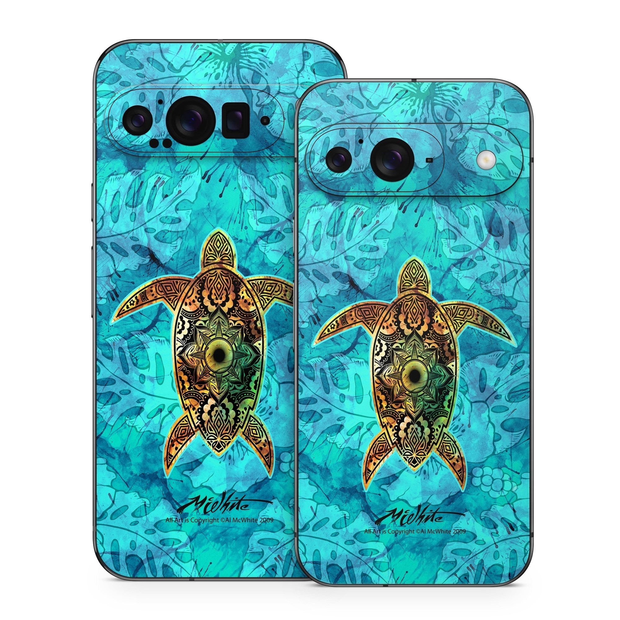 Google Pixel 9 Series Skin design of Sea turtle, Green sea turtle, Turtle, Hawksbill sea turtle, Tortoise, Reptile, Loggerhead sea turtle, Illustration, Art, Pattern, with blue, black, green, gray, red colors