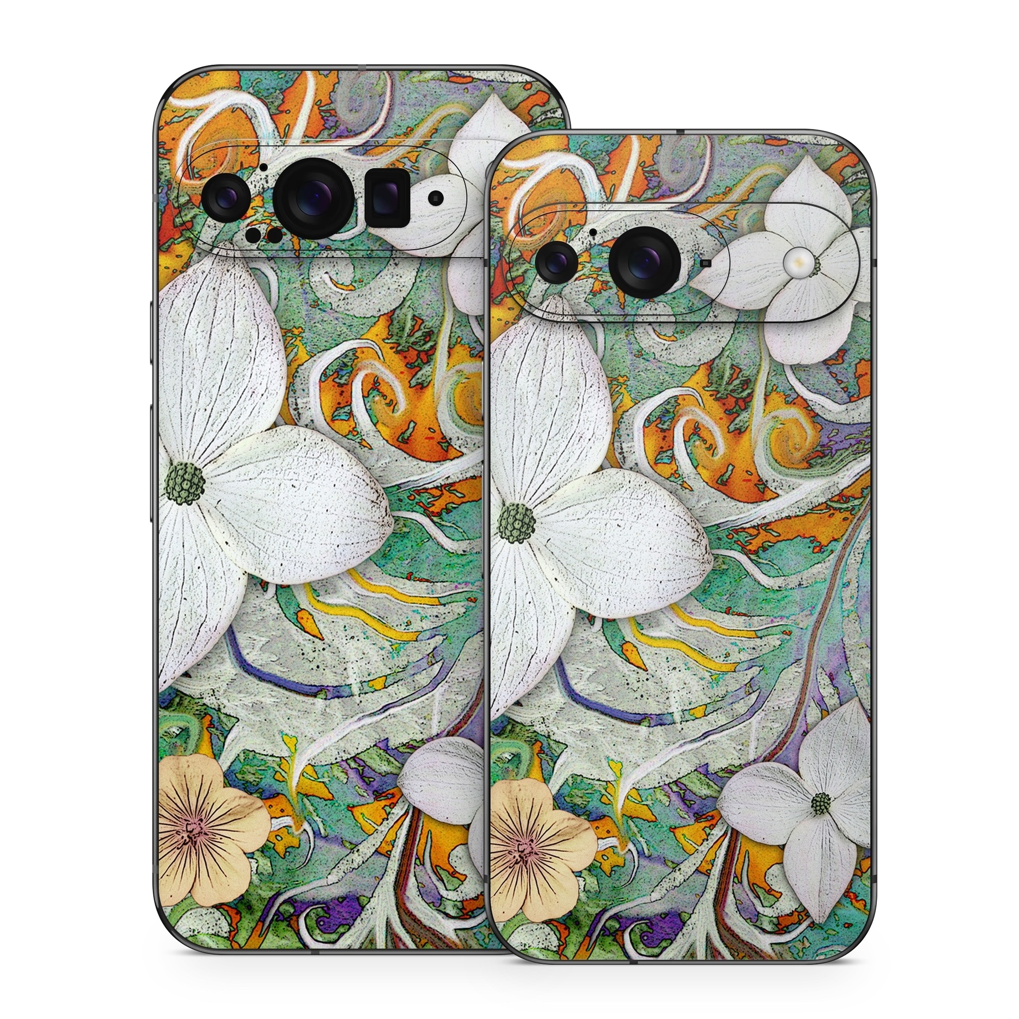 Google Pixel 9 Series Skin design of Flower, Pattern, Plant, Wildflower, Floral design, Petal, Art, Painting, Visual arts, Wallpaper, with gray, black, green, blue, red colors