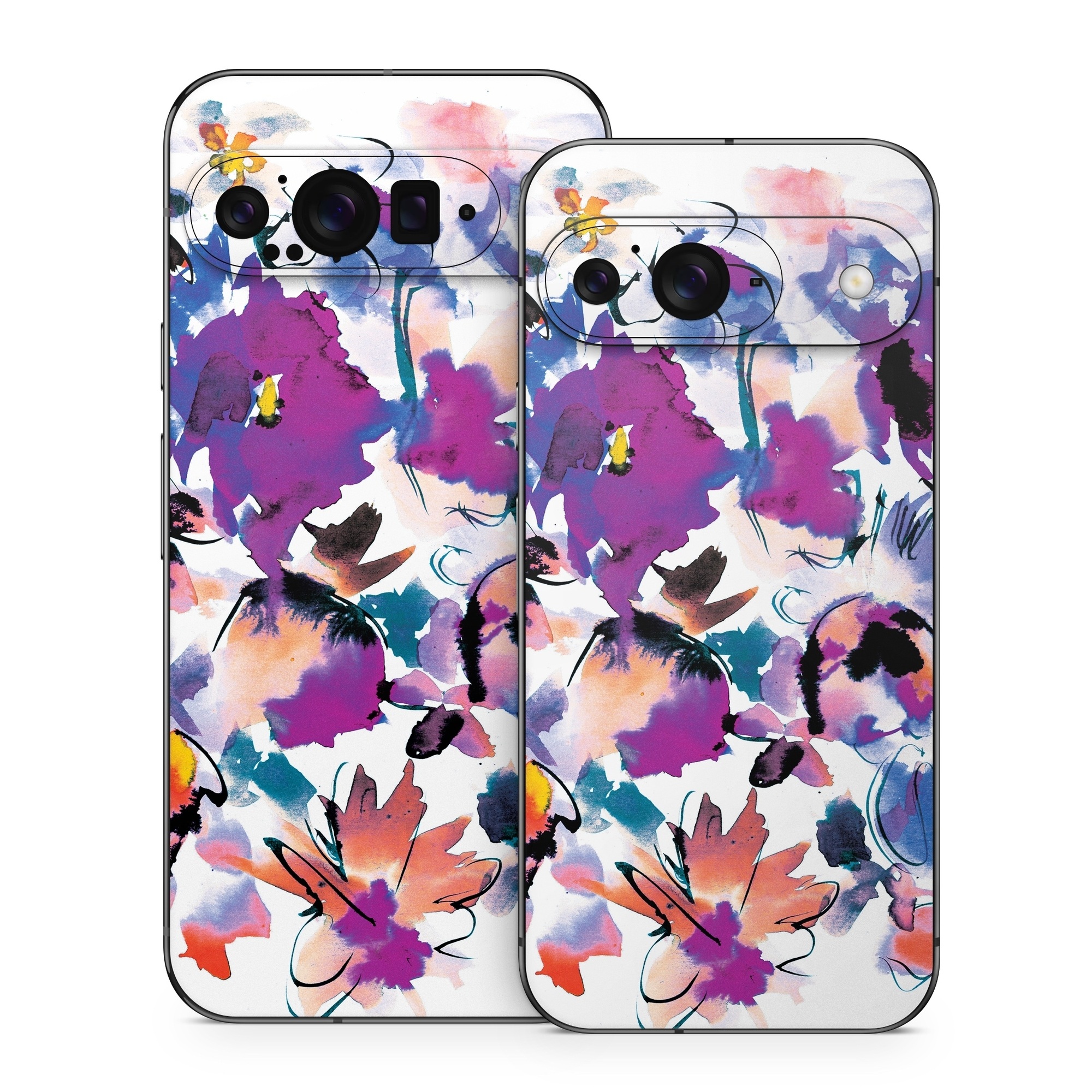Google Pixel 9 Series Skin design of Product, Purple, Illustration, Graphic design, Plant, Clip art, Flower, Graphics, Wildflower, Watercolor paint, with white, purple, pink, yellow, blue, black colors