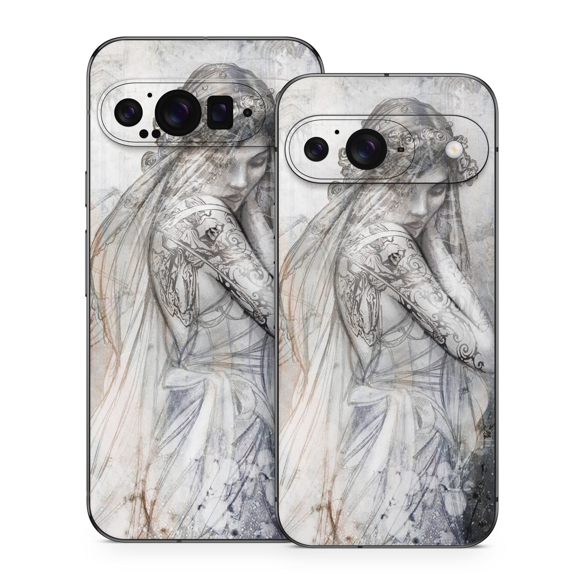 Google Pixel 9 Series Skin design of Lady, Art, Illustration, Drawing, Painting, Sketch, Mythology, Figure drawing, Long hair, Visual arts, with white, gray, black colors