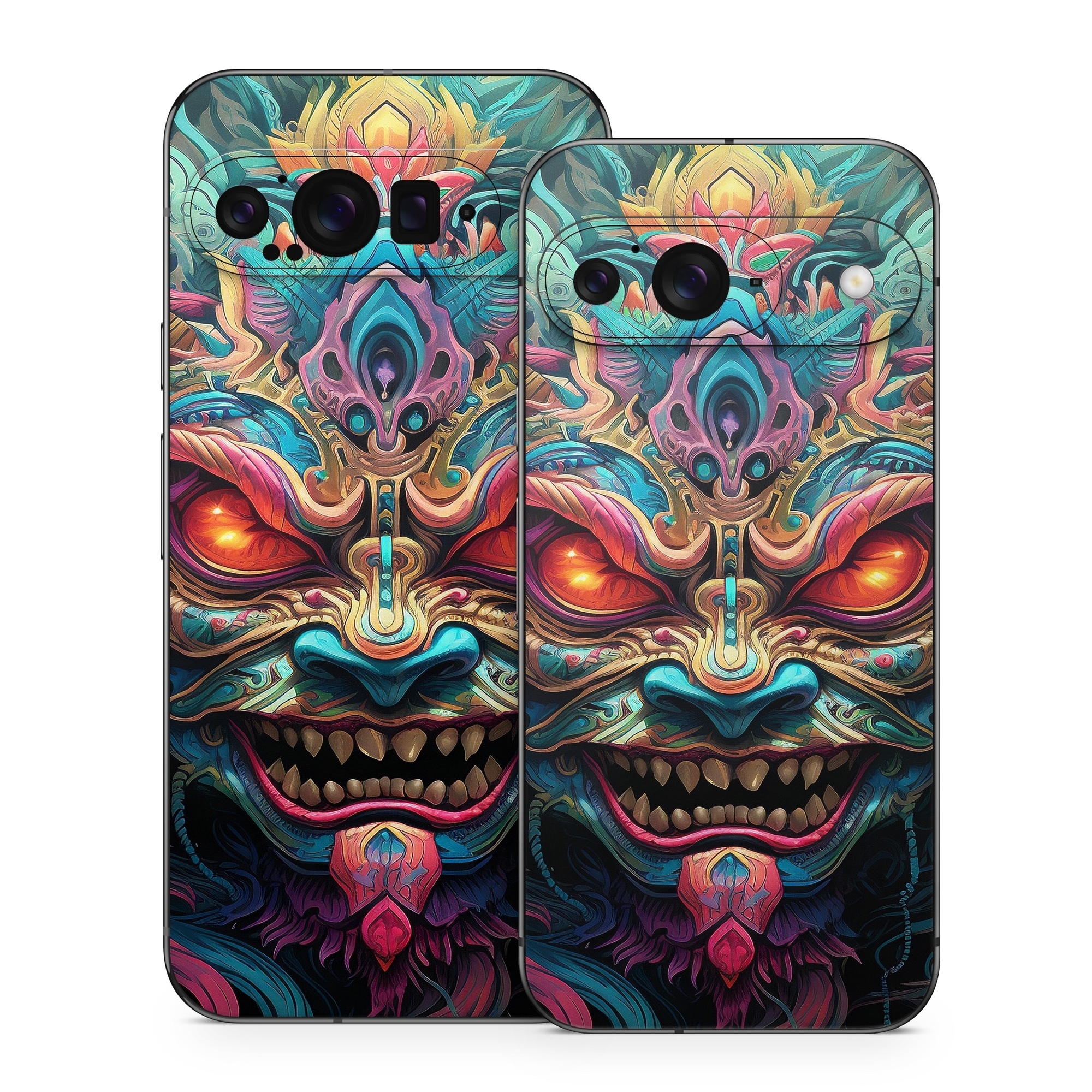 Google Pixel 9 Series Skin design of Head, Eye, Human body, Art, Painting, Symmetry, Pattern, Paint, Magenta, Visual arts, with green, blue, yellow, orange, red, white, purple, black, gray colors