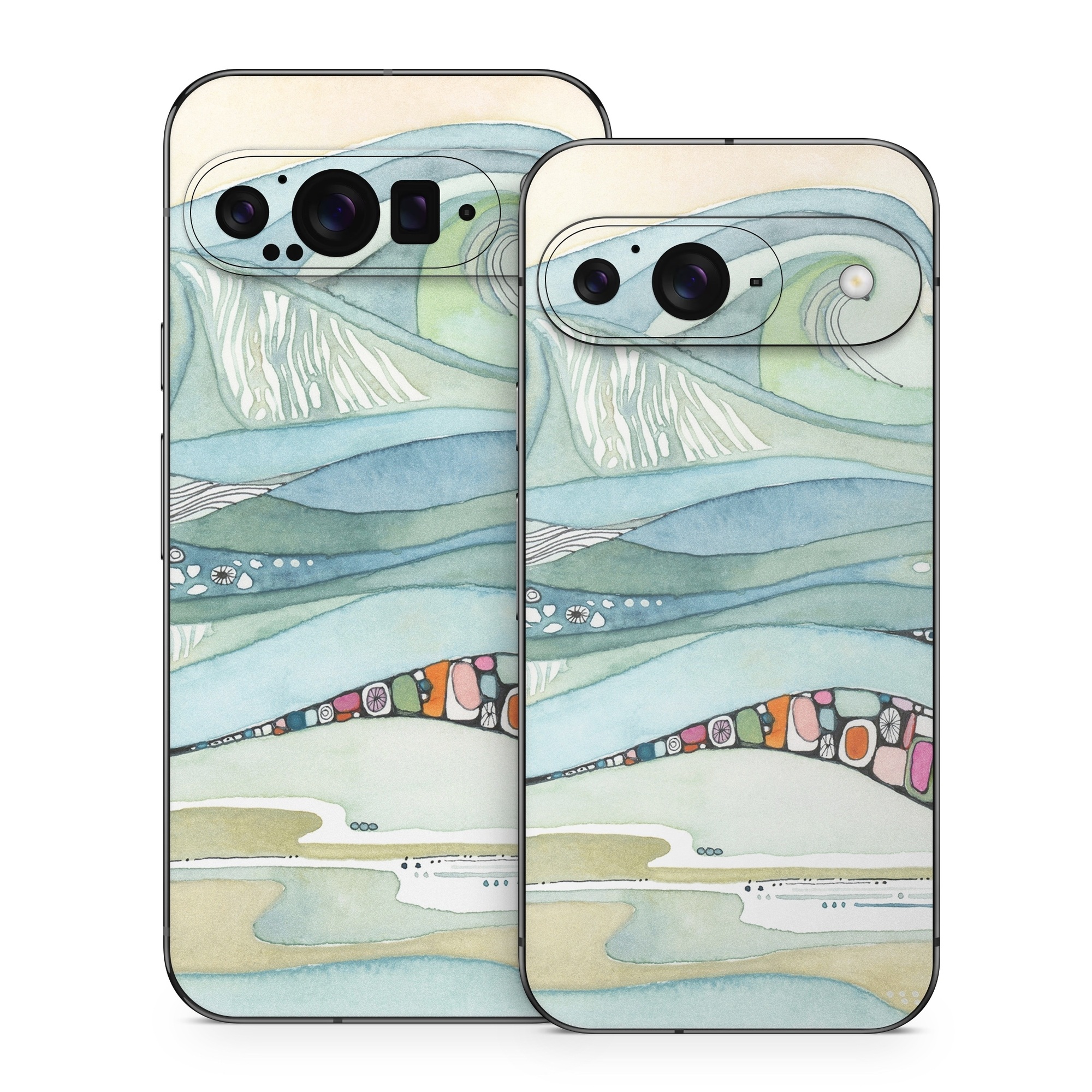 Google Pixel 9 Series Skin design of Line, Illustration, Art, with blue, green, orange, pink, black, white, yellow colors