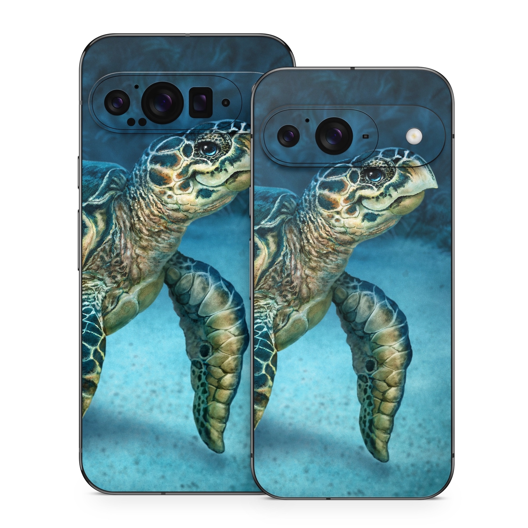 Google Pixel 9 Series Skin design of Water, Nature, Organism, Reptile, Turtle, Hawksbill sea turtle, Underwater, Wildlife, Sea turtle, Reef, with green, gray, blue, white colors