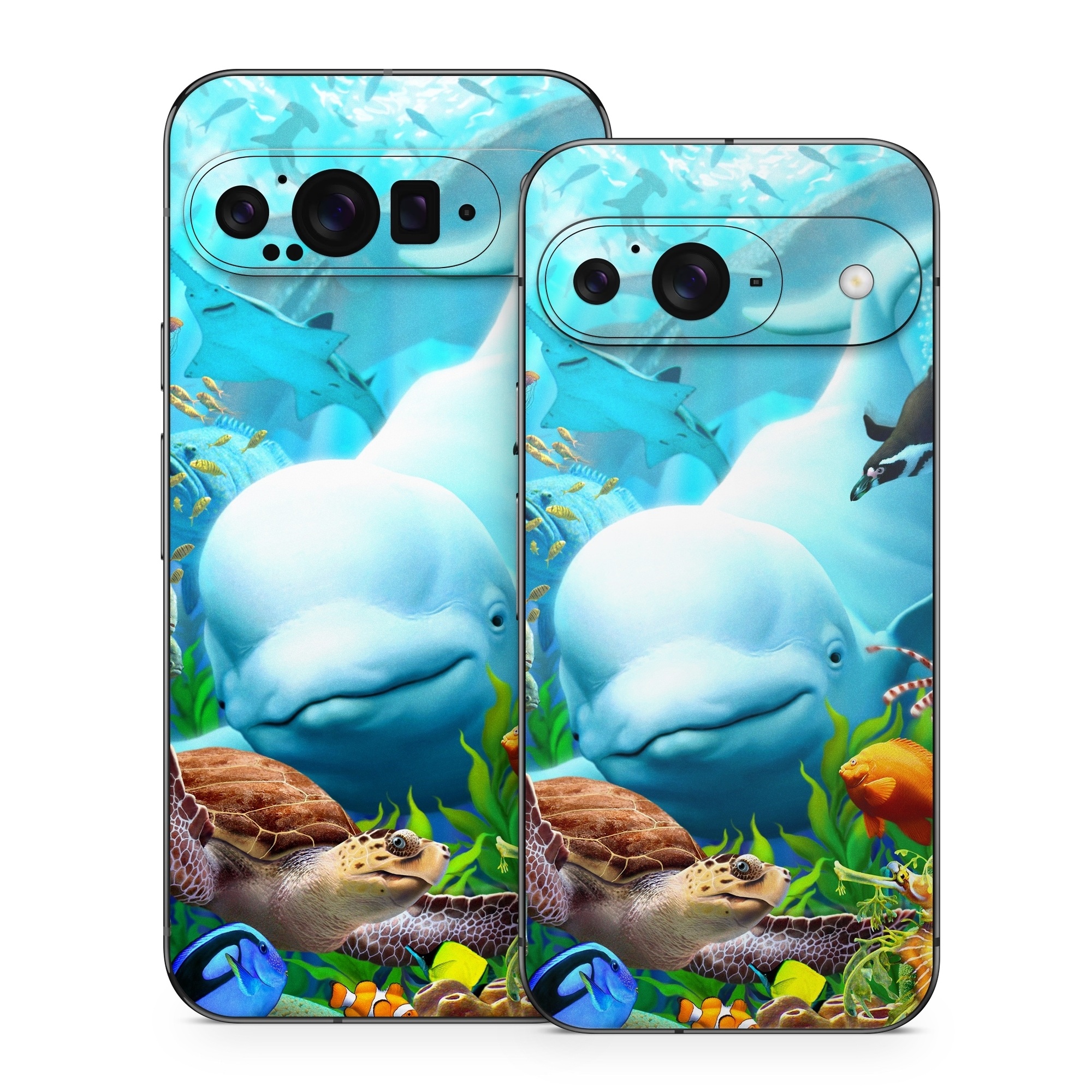 Google Pixel 9 Series Skin design of Green, Blue, Azure, Natural environment, Underwater, Organism, Mammal, Art, Marine biology, Aqua, with blue, green, red, white, brown, yellow, orange, blue colors