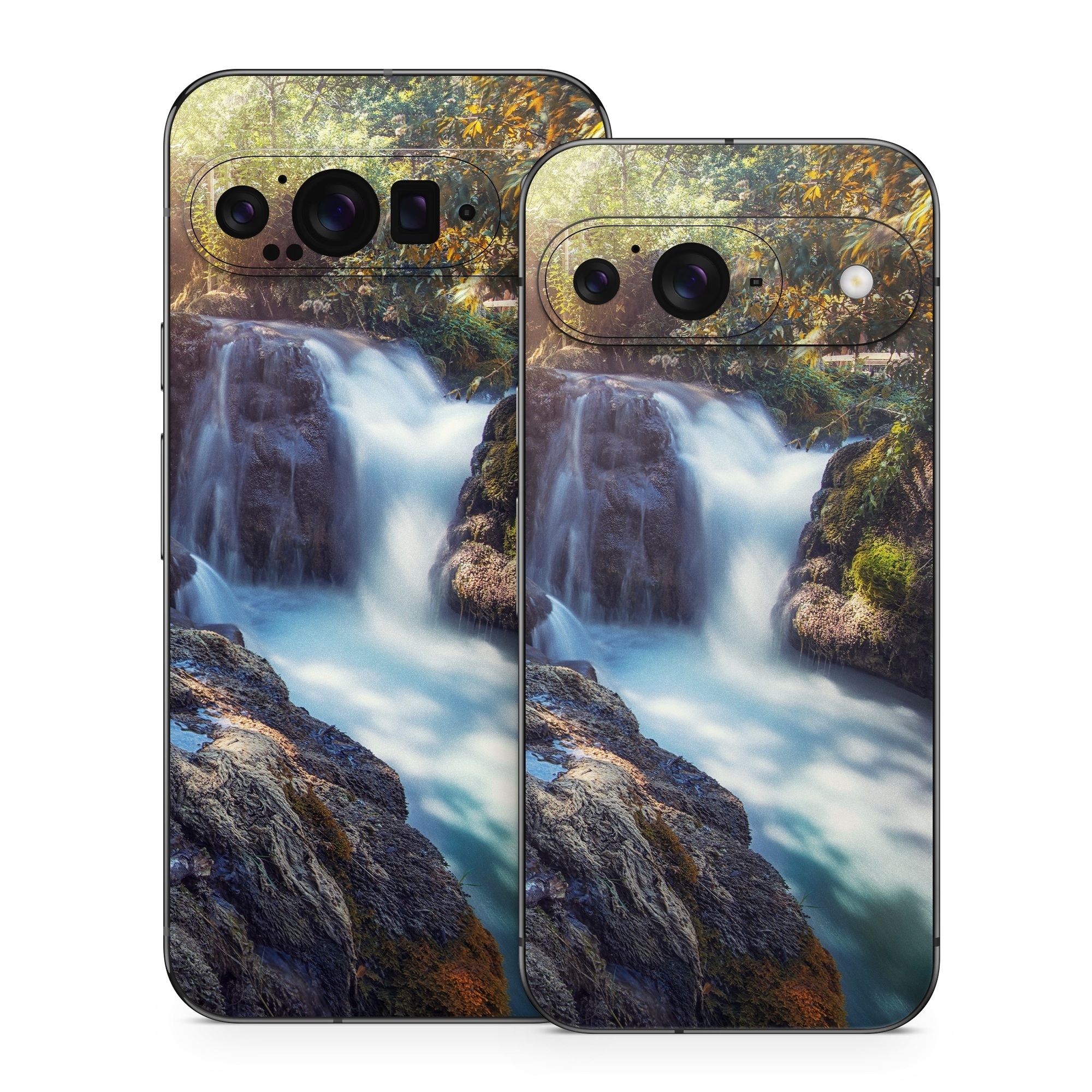 Google Pixel 9 Series Skin design of Waterfall, Natural landscape, Body of water, Nature, Water resources, Water, Watercourse, Stream, Nature reserve, Rock, with gray, yellow, orange, green, white, blue colors