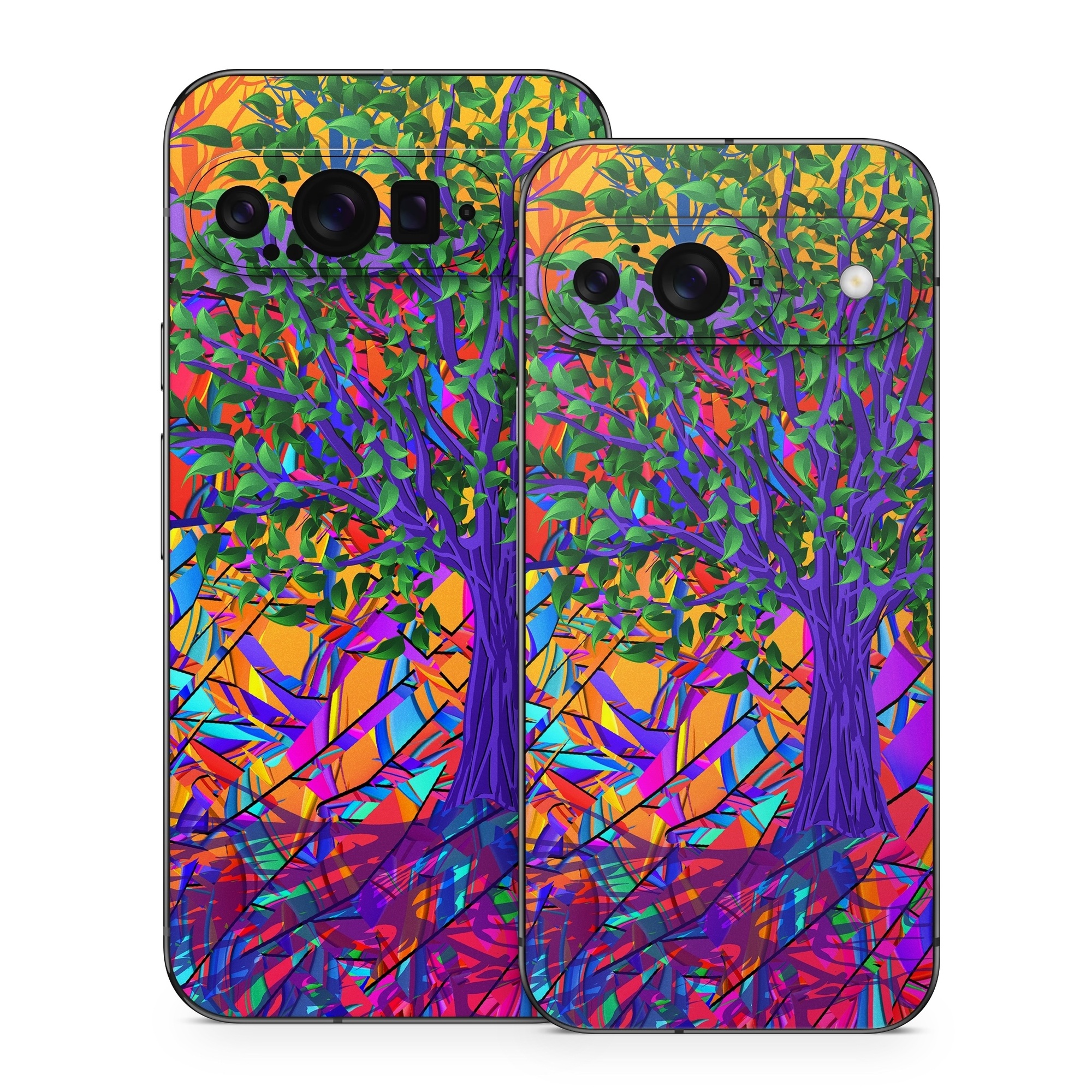 Google Pixel 9 Series Skin design of Psychedelic art, Pattern, Visual arts, Art, Plant, Acrylic paint, Modern art, with green, purple, orange, blue, purple, yellow, red colors