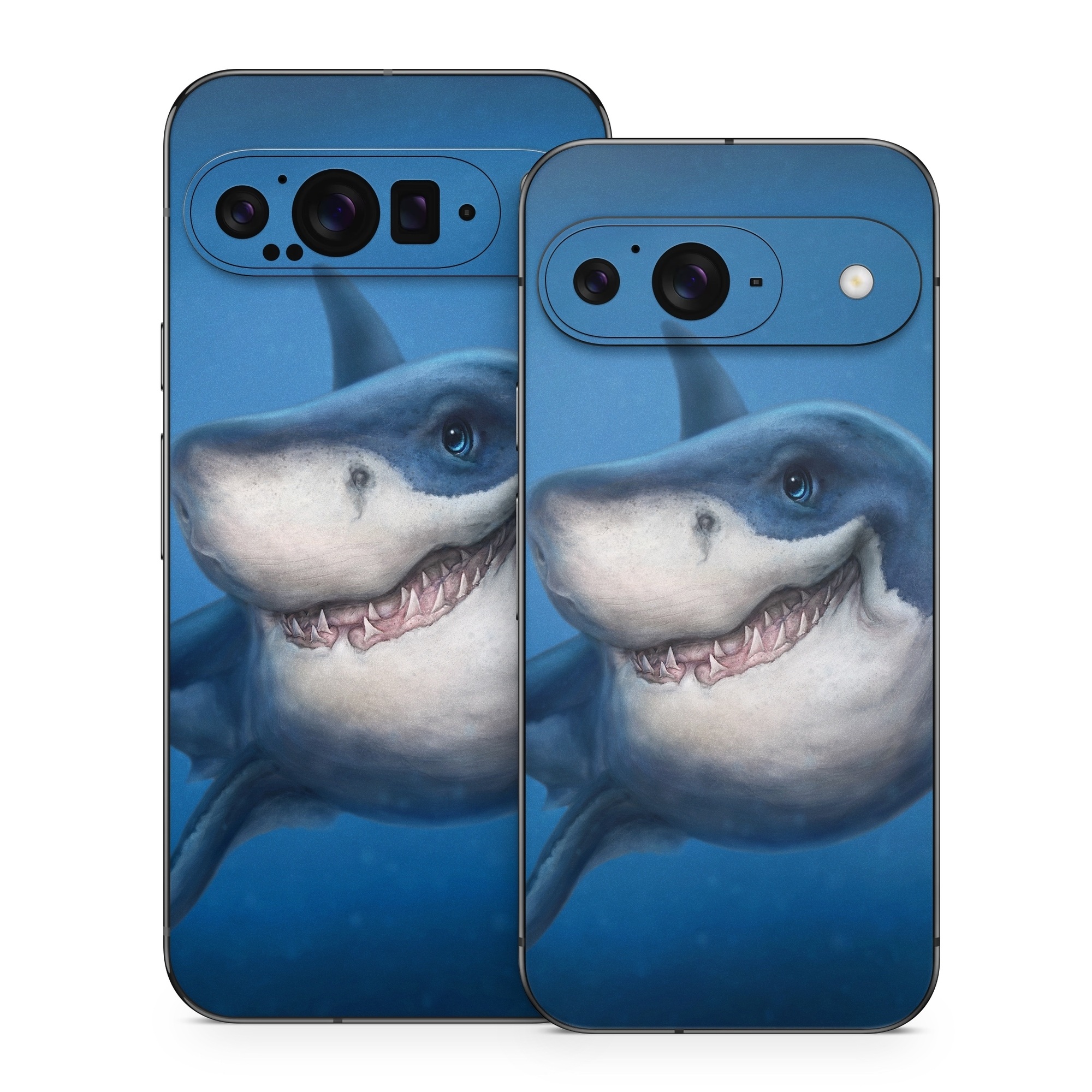 Google Pixel 9 Series Skin design of Fish, Great white shark, Shark, Tiger shark, Cartilaginous fish, Requiem shark, Lamniformes, Bull shark, Carcharhiniformes, with black, blue, gray colors
