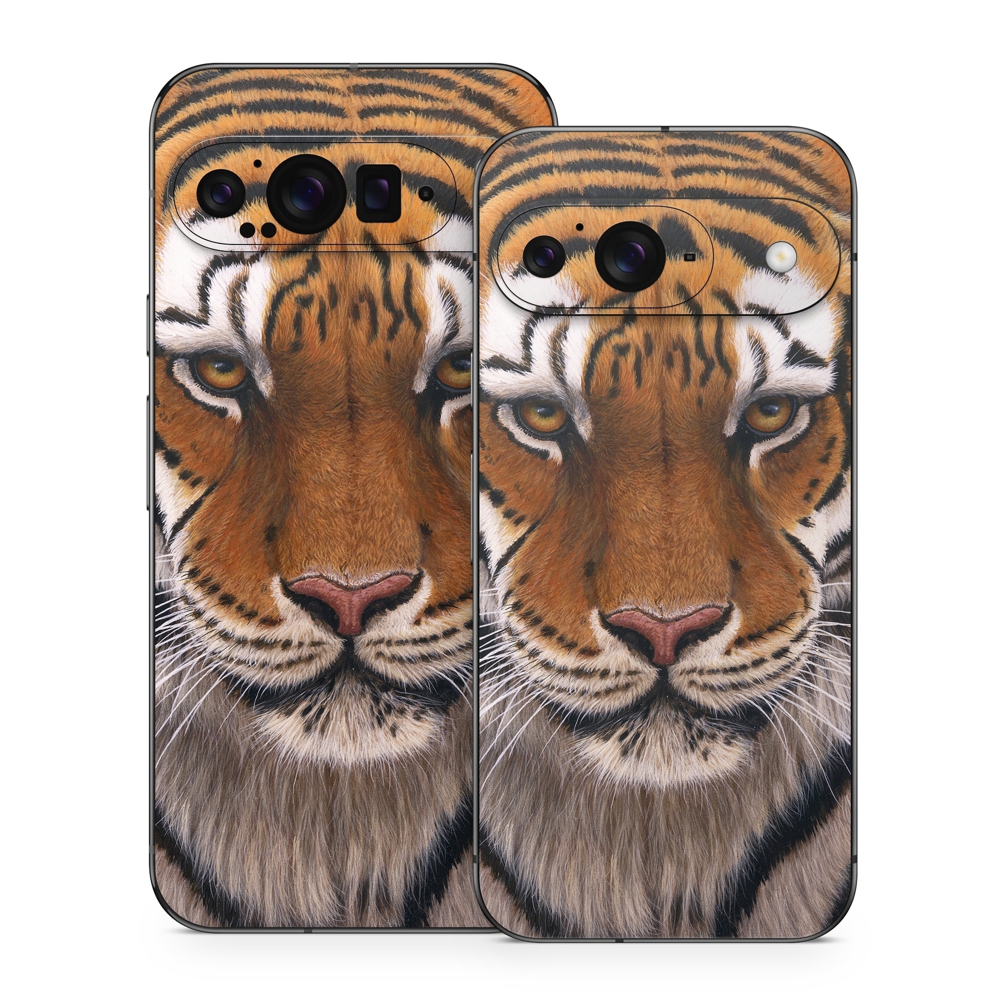 Google Pixel 9 Series Skin design of Tiger, Mammal, Wildlife, Terrestrial animal, Vertebrate, Bengal tiger, Whiskers, Siberian tiger, Felidae, Snout, with black, gray, red, green, pink colors