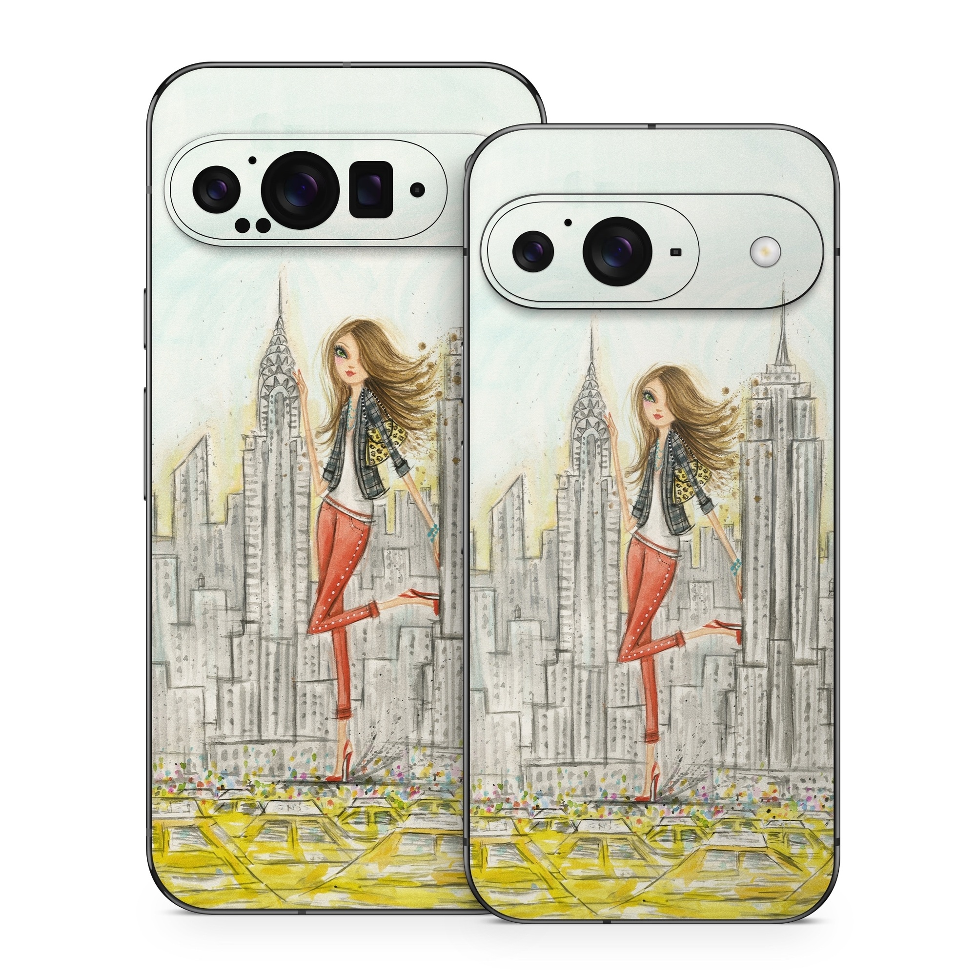 Google Pixel 9 Series Skin design of Human settlement, Fashion illustration, Illustration, City, Art, Architecture, Drawing, Fictional character, with gray, green, black, red colors