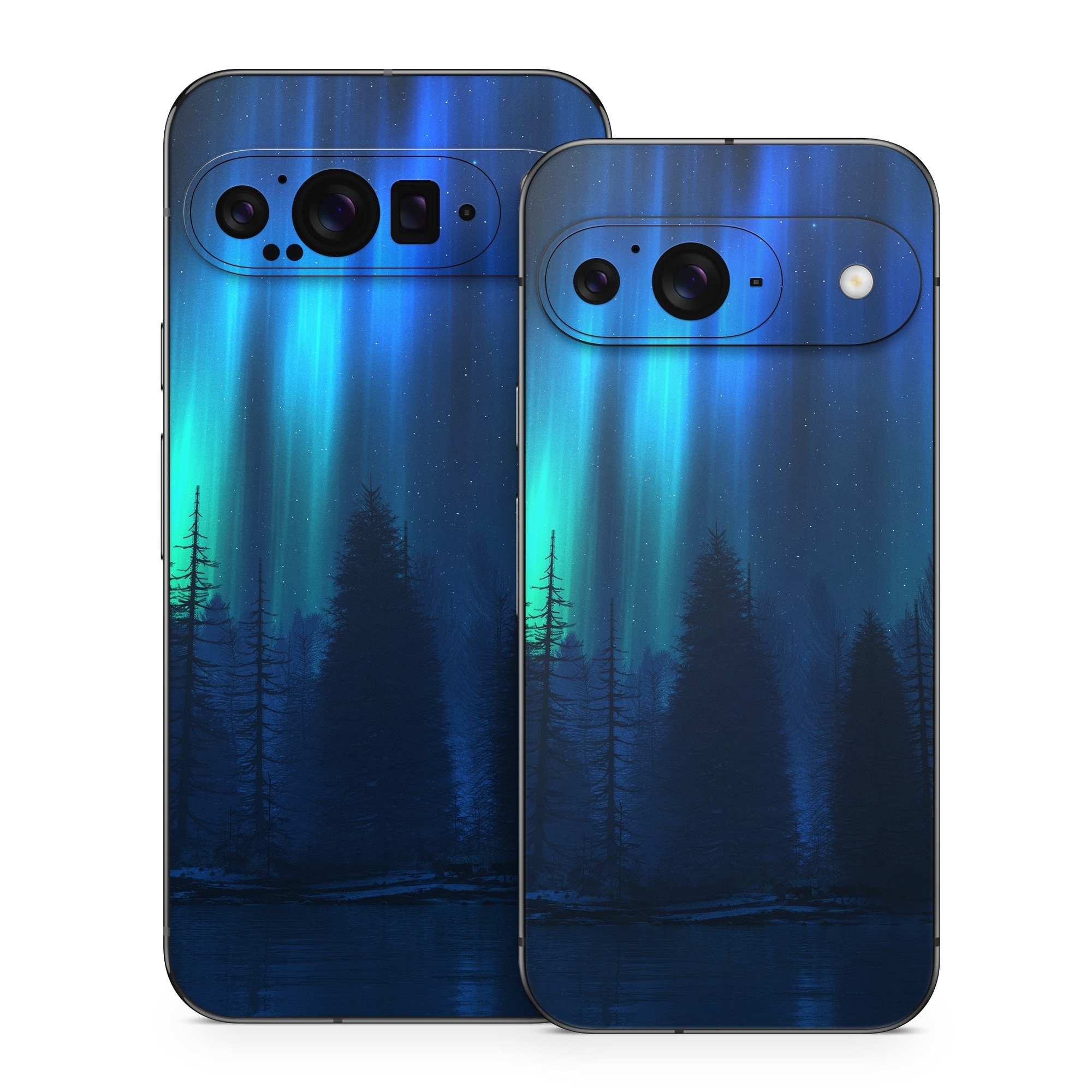 Google Pixel 9 Series Skin design of Blue, Light, Natural environment, Tree, Sky, Forest, Darkness, Aurora, Night, Electric blue, with black, blue colors