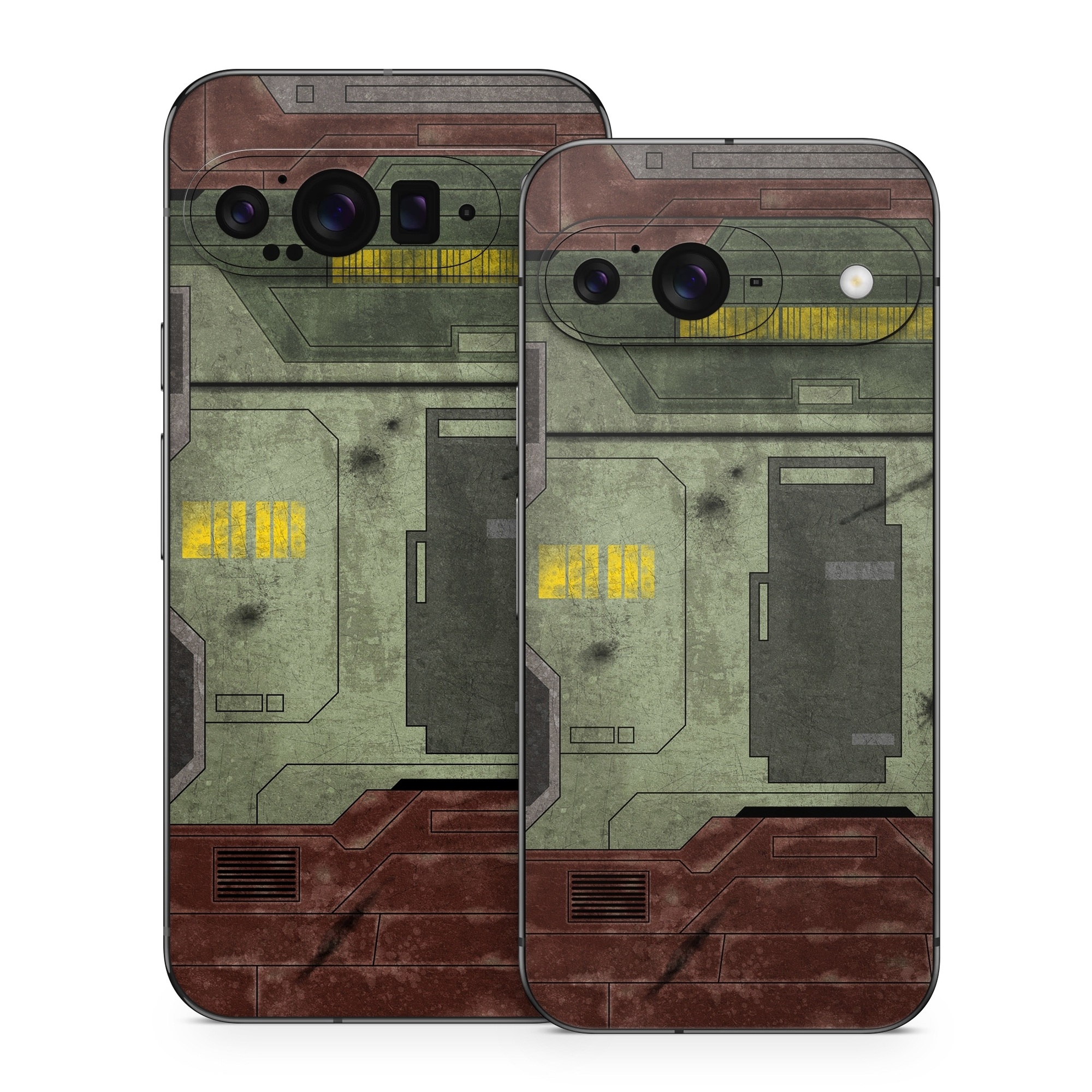 Google Pixel 9 Series Skin design of Rectangle, Screenshot, Font, Wood, Pattern, Symmetry, Machine, Gas, Parallel, Engineering, with red, green, yellow, black, gray, white colors