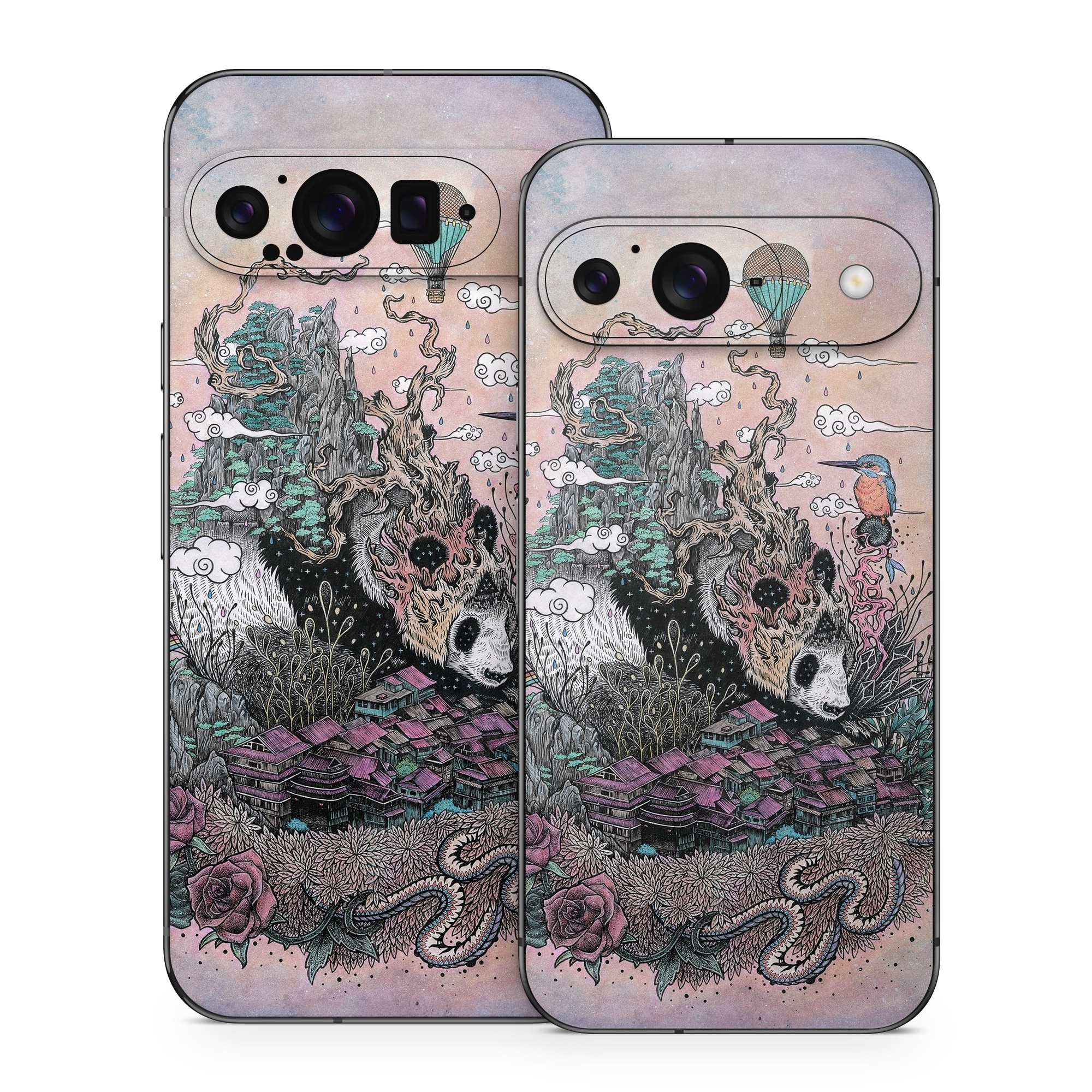 Google Pixel 9 Series Skin design of Illustration, Art, Fictional character, Printmaking, Marsupial, Graphic design, Rodent, Possum, with gray, black, red, blue, purple colors