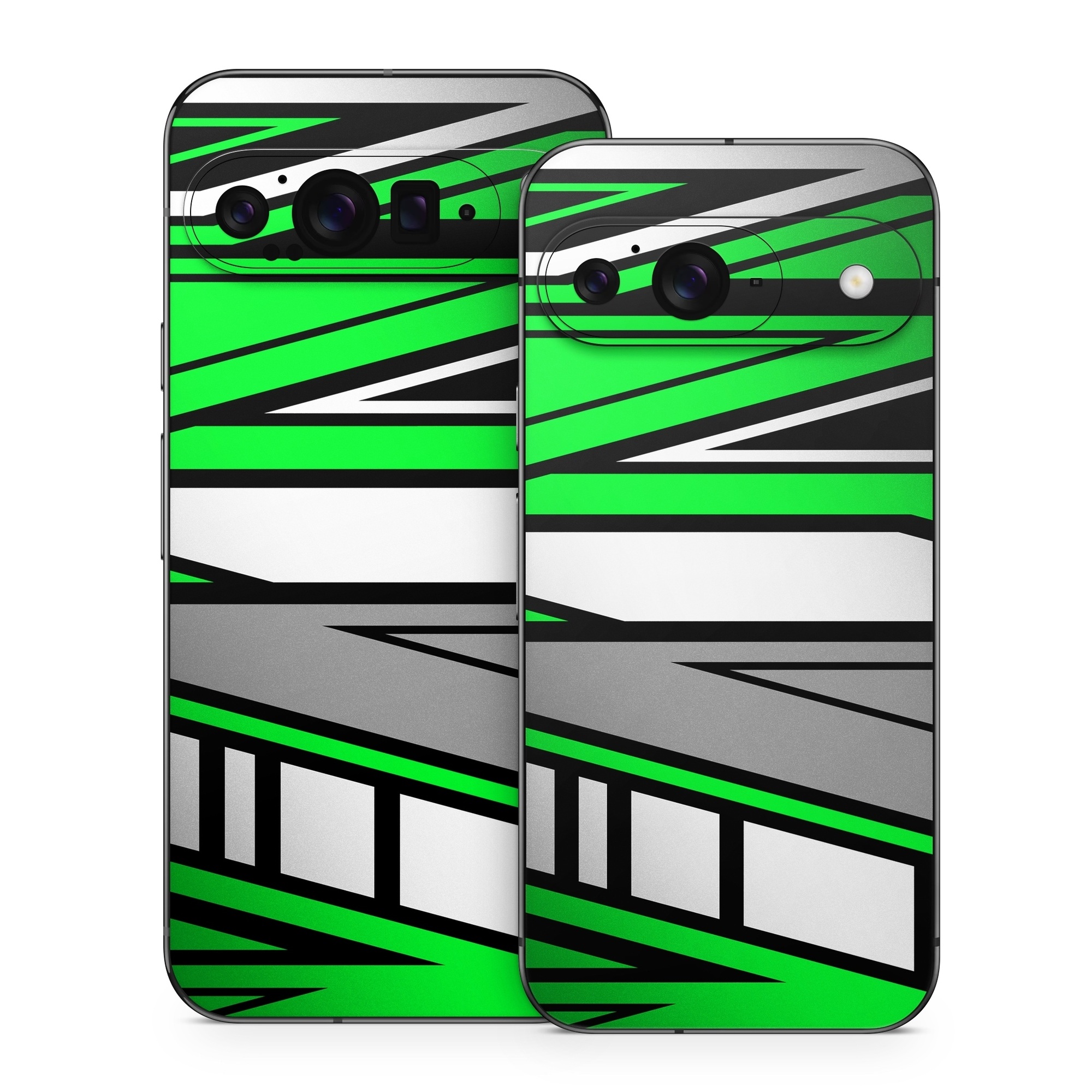 Google Pixel 9 Series Skin design of Colorfulness, Green, Rectangle, Slope, Font, Line, Material property, Parallel, Tints and shades, Graphics, with black, green, white, gray colors