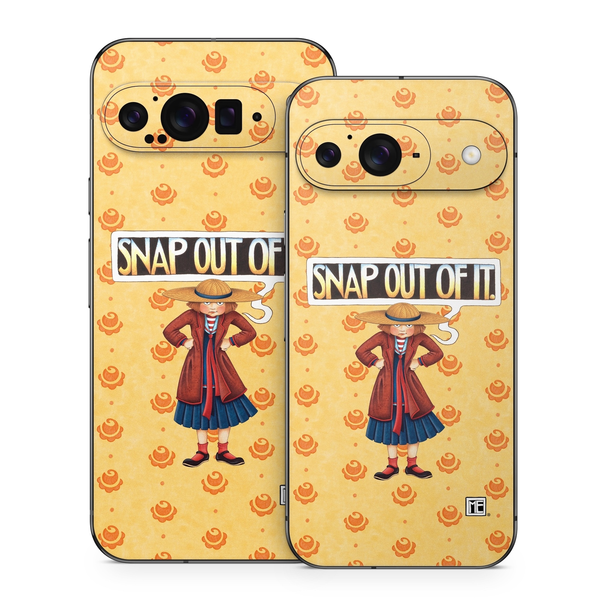 Google Pixel 9 Series Skin design of Cartoon, Illustration, Poster, Animated cartoon, Fiction, Anime, Art, Fictional character, Games, with pink, orange, black, red, gray, white colors