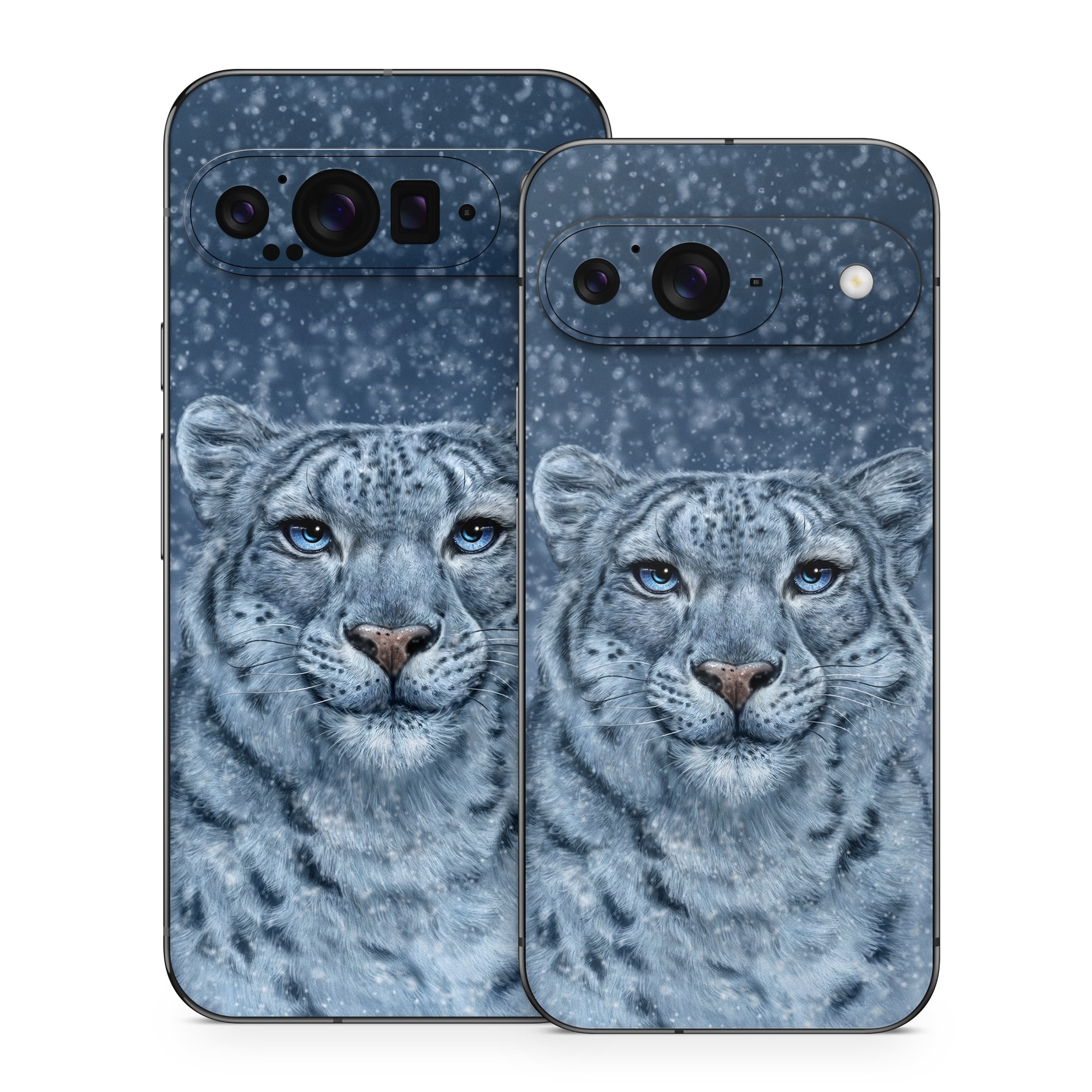 Google Pixel 9 Series Skin design of Snow, Carnivore, Felidae, Whiskers, Terrestrial animal, Snout, Big cats, Painting, Fur, Illustration, with white, black, blue, gray colors