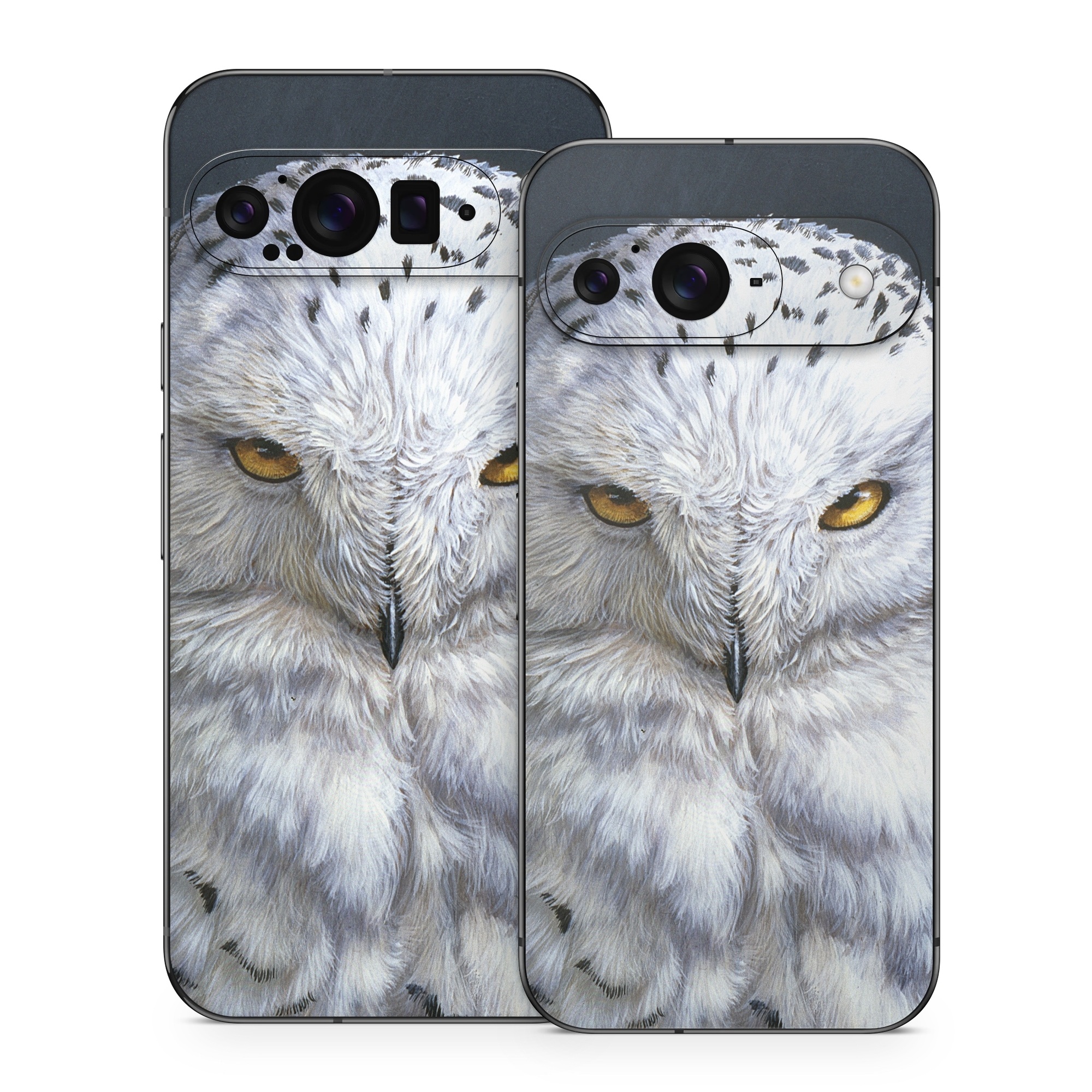 Google Pixel 9 Series Skin design of Owl, Bird, Bird of prey, Snowy owl, great grey owl, Close-up, Eye, Snout, Wildlife, Eastern Screech owl, with gray, white, black, blue, purple colors
