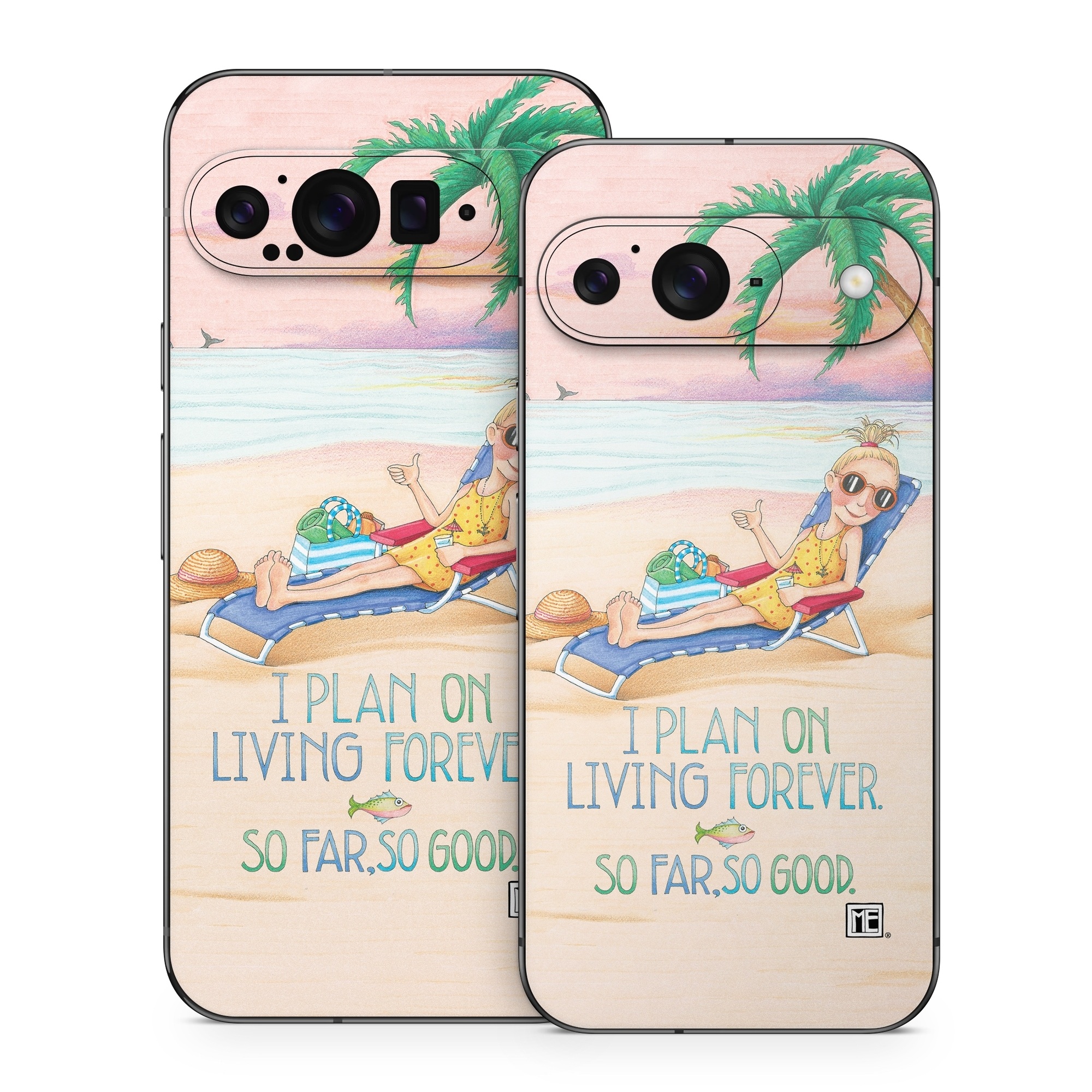 Google Pixel 9 Series Skin design of Vacation, Product, Summer, Aqua, Illustration, Sun tanning, Fictional character, Caribbean, Graphics, Happy, with pink, green, brown, yellow, blue, white, red colors