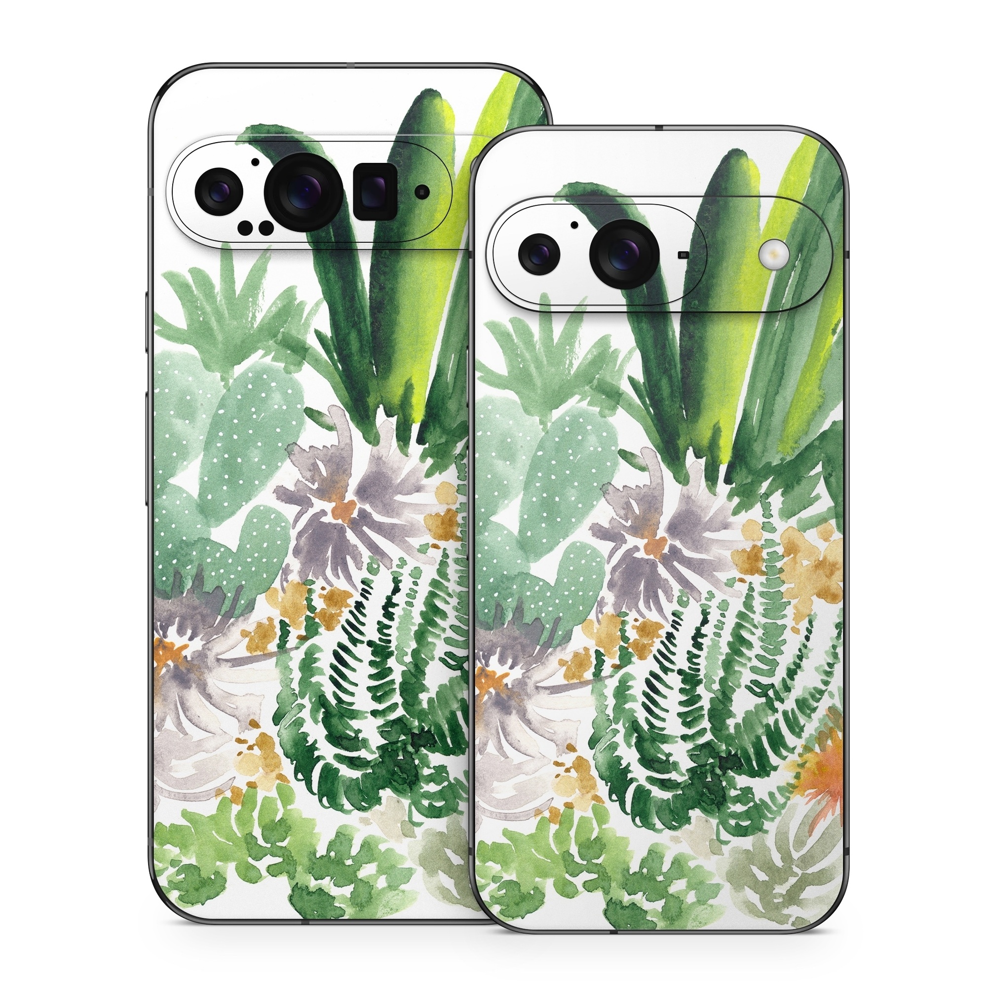 Google Pixel 9 Series Skin design of Cactus, Plant, Flower, Botany, Leaf, Illustration, Pine, Grass, Succulent plant, Branch, with white, green, red, orange colors