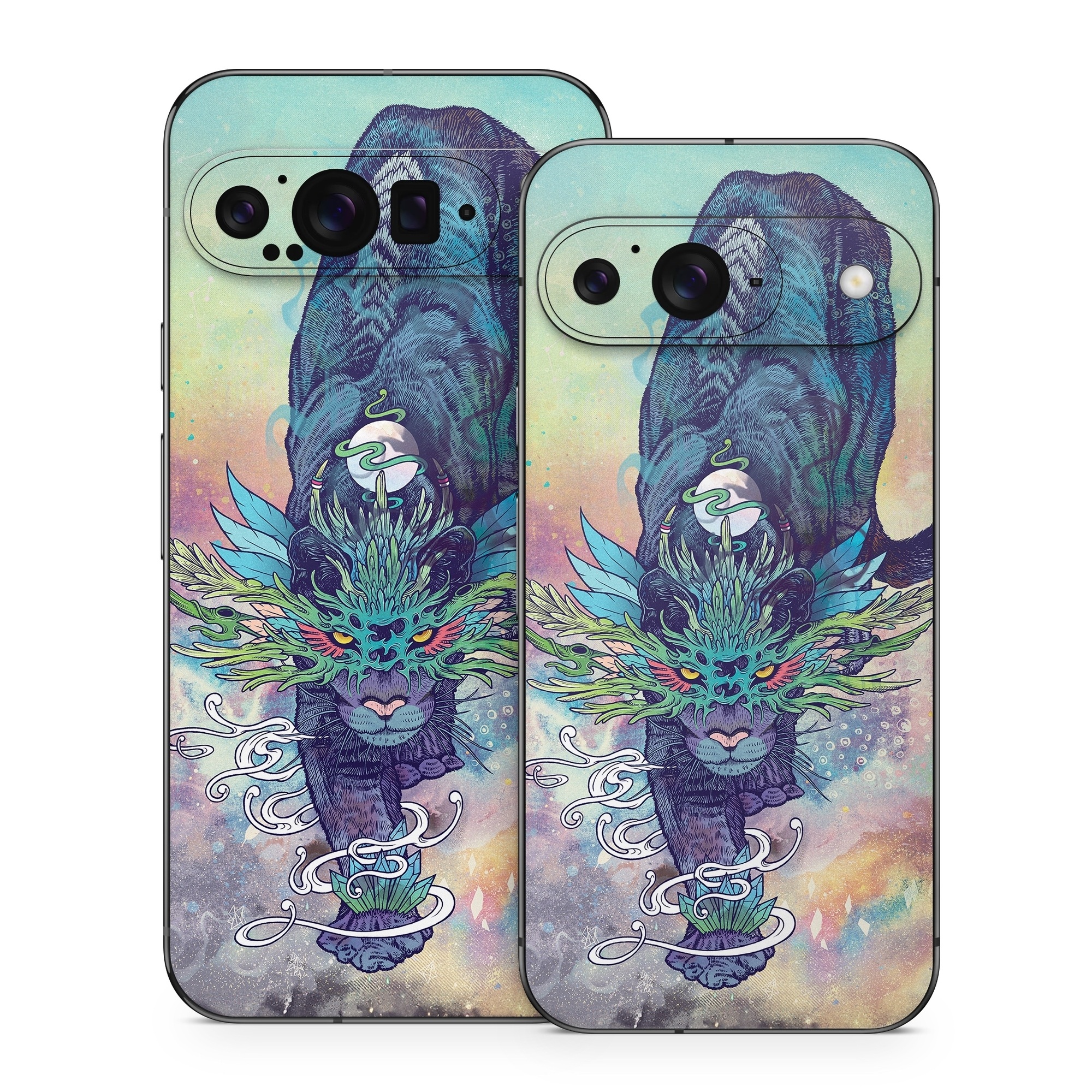 Google Pixel 9 Series Skin design of Illustration, Fictional character, Graphic design, Demon, Art, Fiction, Cg artwork, Supernatural creature, with blue, green, black, white, yellow, orange, pink, purple colors