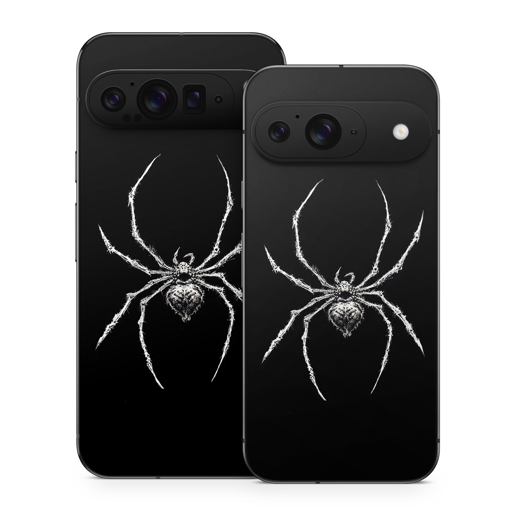 Google Pixel 9 Series Skin design of Arthropod, Spider, Insect, Spider web, Terrestrial animal, Arachnid, Invertebrate, Tangle-web spider, Symmetry, Terrestrial plant, with black, white, gray colors