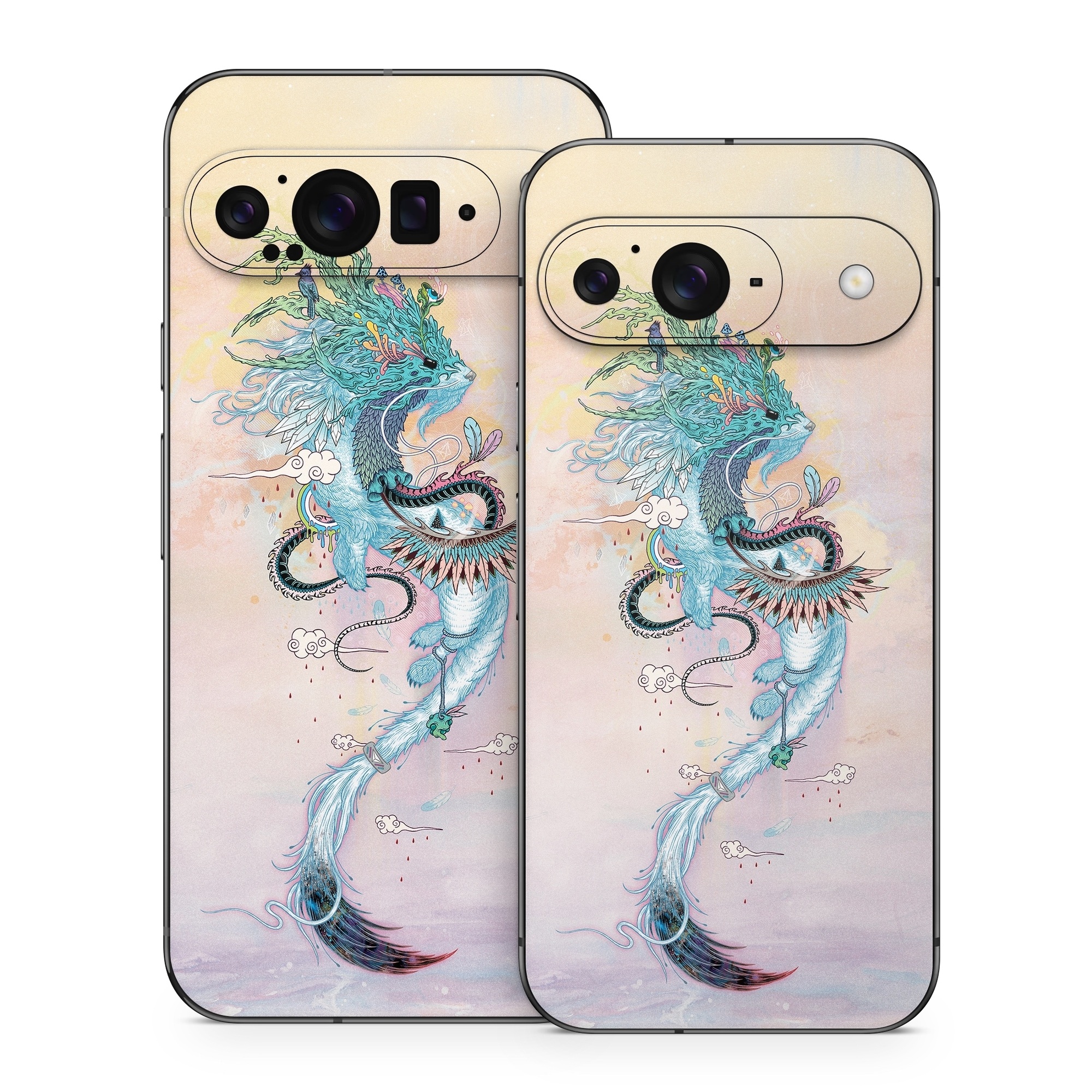 Google Pixel 9 Series Skin design of Illustration, Water, Watercolor paint, Art, Fictional character, Graphic design, Mythology, Visual arts, Painting, Drawing, with yellow, pink, blue, green colors