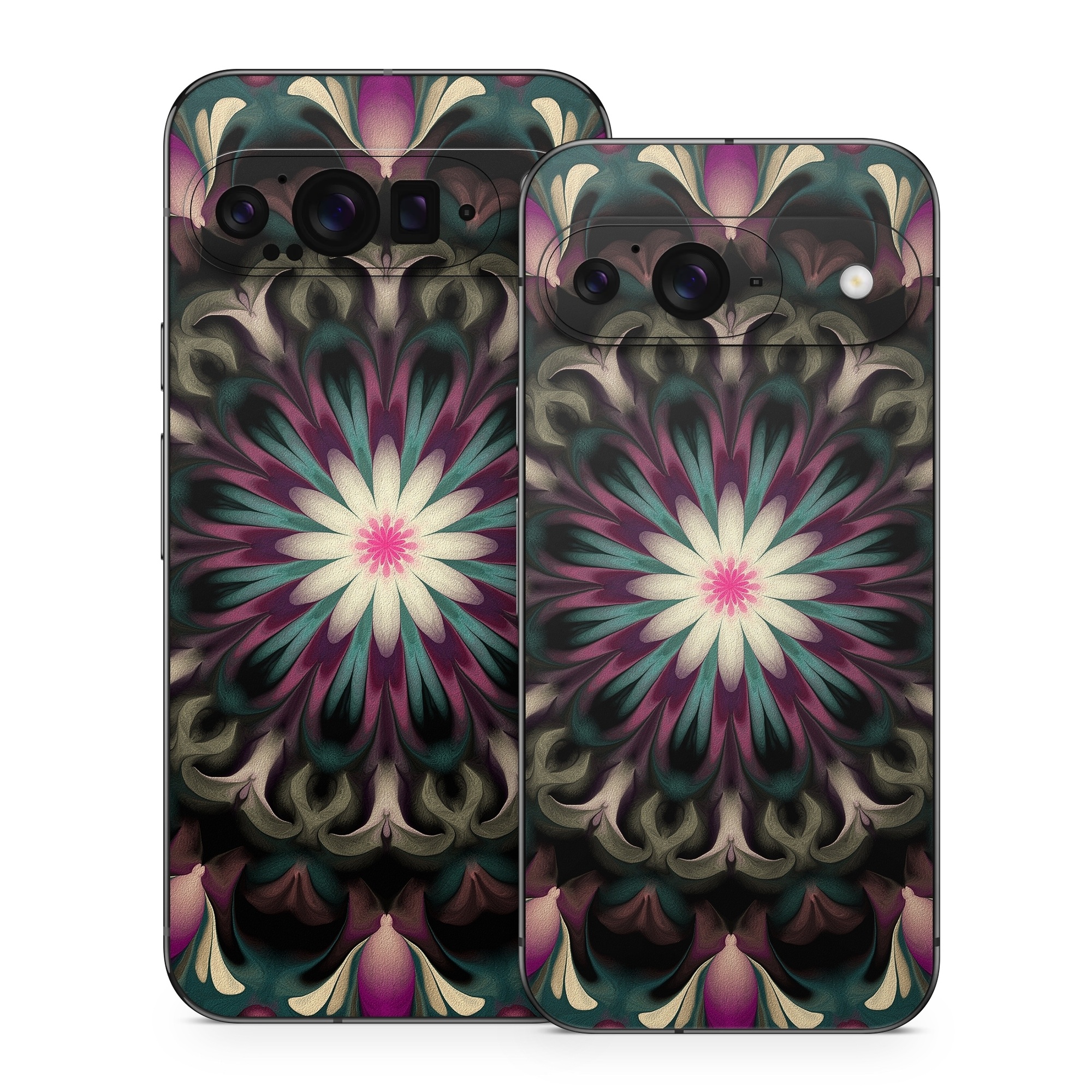 Google Pixel 9 Series Skin design of Fractal art, Pattern, Pink, Psychedelic art, Art, Kaleidoscope, Design, Symmetry, Visual arts, Textile, with black, purple, white, green, blue colors