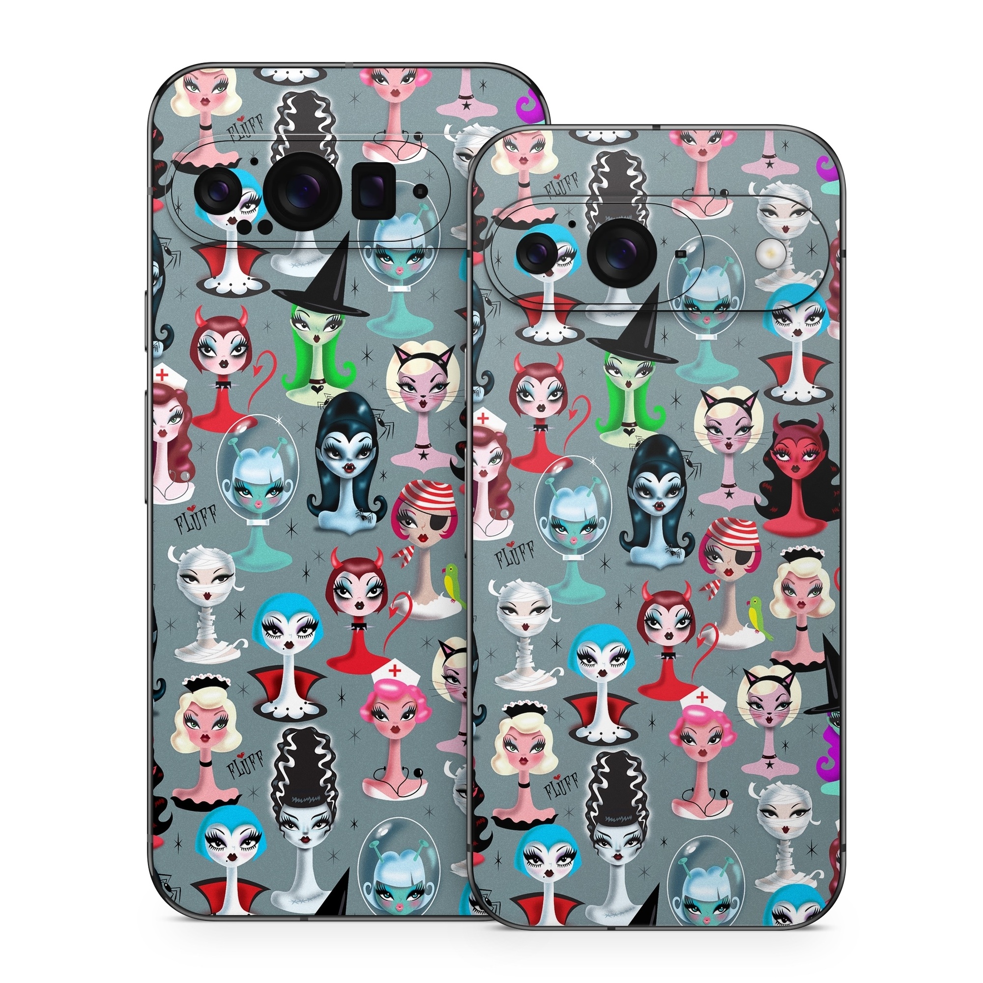 Google Pixel 9 Series Skin design of Facial expression, Head, Design, Collection, Fictional character, Pattern, Skull, Illustration, Collage, Style, with gray, white, red, blue, green, black, pink, purple colors