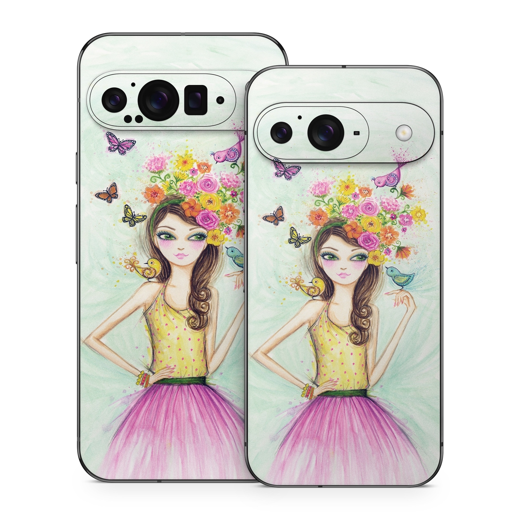 Google Pixel 9 Series Skin design of Pink, Illustration, Fashion illustration, Watercolor paint, Fictional character, Dress, Hair accessory, Wildflower, Costume, Plant, with blue, pink, yellow, orange, purple, brown, green colors