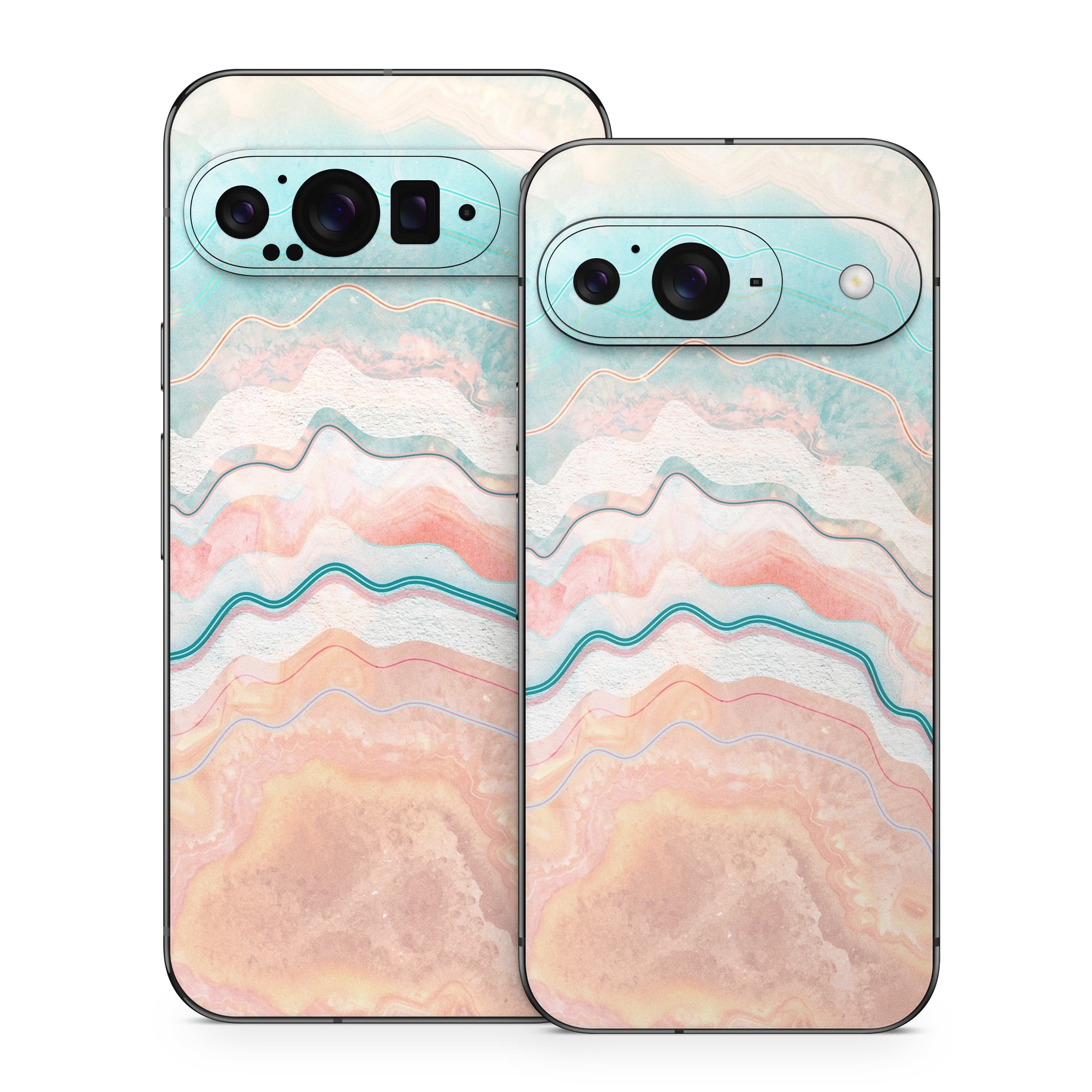 Google Pixel 9 Series Skin design of Aqua, Line, Pattern, Watercolor paint, Design, Illustration, Art, with blue, pink, white, orange, yellow colors