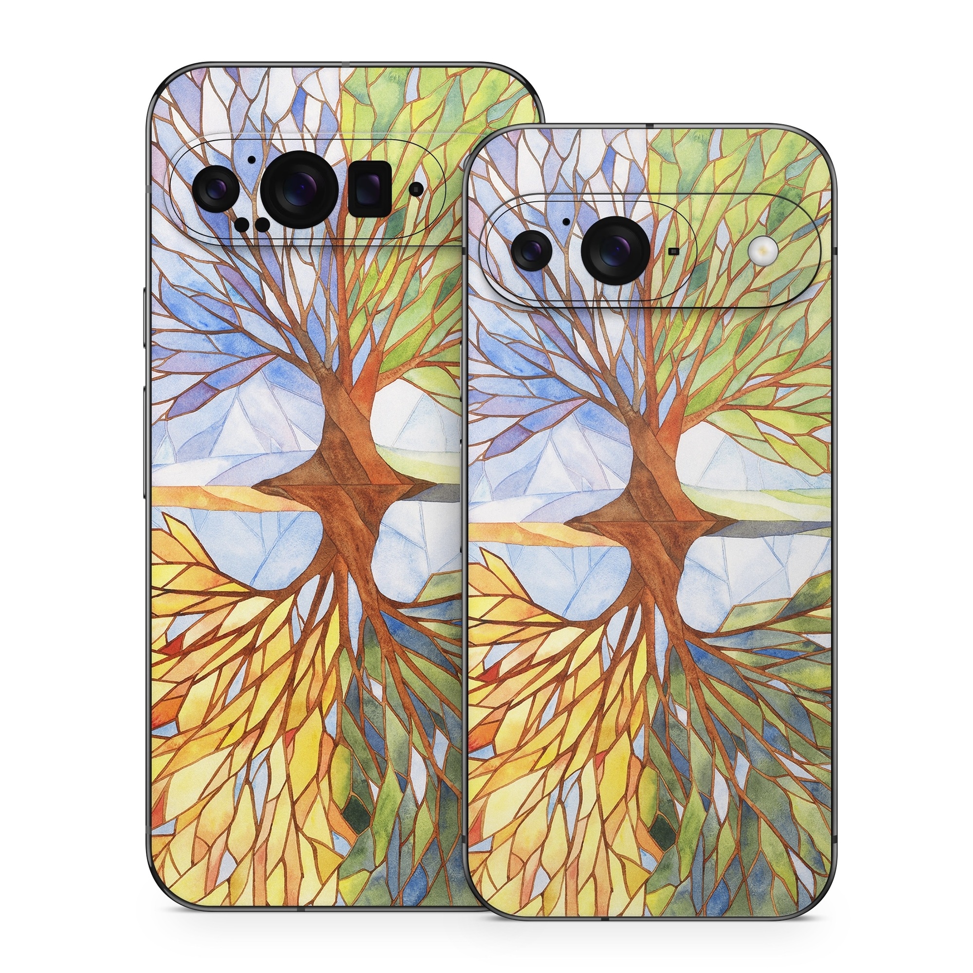 Google Pixel 9 Series Skin design of Leaf, Tree, Botany, Plant, Symmetry, Art, Pattern, Painting, Plant stem, Plane, with blue, brown, orange, yellow, red, purple colors