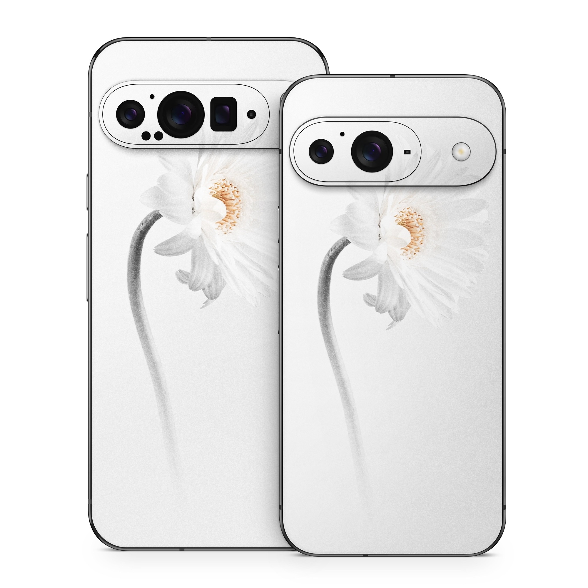 Google Pixel 9 Series Skin design of White, Hair accessory, Headpiece, Gerbera, Petal, Flower, Plant, Still life photography, Headband, Fashion accessory, with white, gray colors