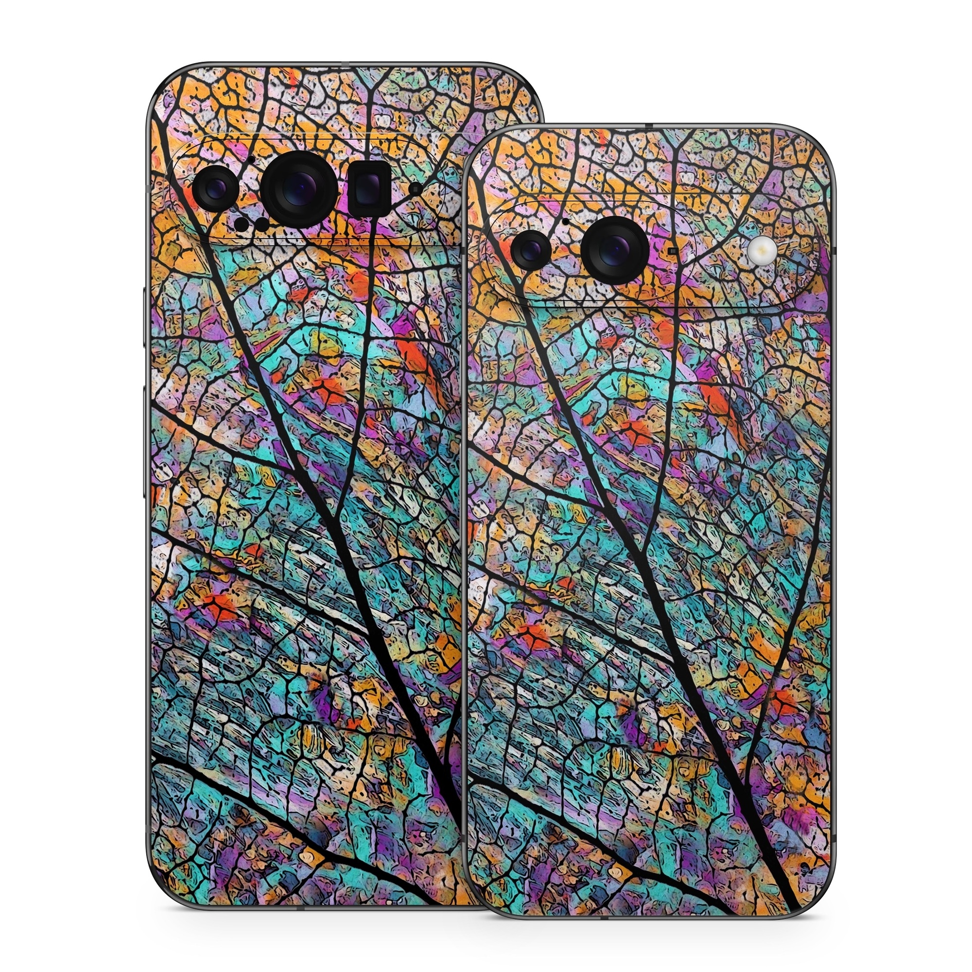 Google Pixel 9 Series Skin design of Pattern, Colorfulness, Line, Branch, Tree, Leaf, Design, Visual arts, Glass, Plant, with black, gray, red, blue, green colors