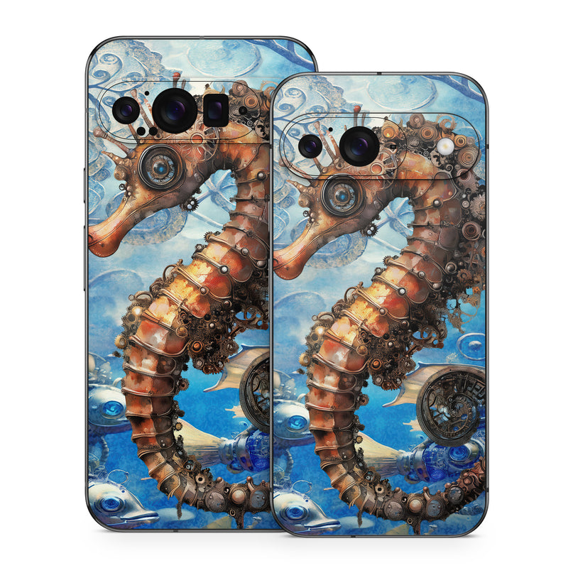 Google Pixel 9 Series Skin design of Pipefishes and allies, Northern seahorse, Fish, Marine biology, Marine invertebrates, Watercolor painting, Art Paint, Ray-finned fishes, Paint, Modern art, with blue, orange, yellow, gray, white, black, red colors