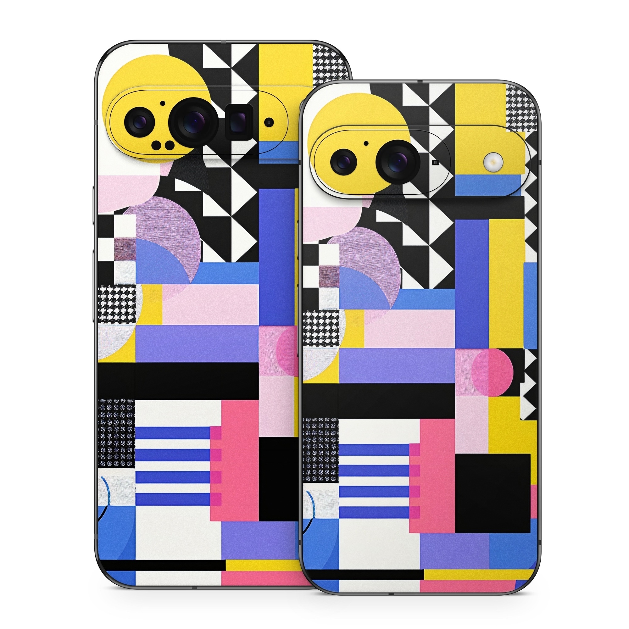 Google Pixel 9 Series Skin design of White, Black, Rectangle, Font, Art, Red, Pattern, Tints and shades, Circle, Electric blue, with blue, white, black, yellow, pink, purple colors
