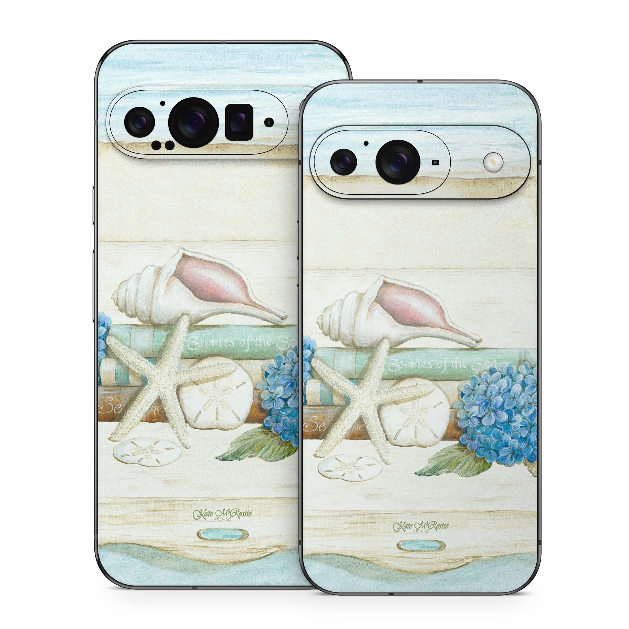 Google Pixel 9 Series Skin design of Starfish, Shell, Hydrangea, Plant, Flower, Still life, Echinoderm, Cornales, with gray, green, blue, yellow colors