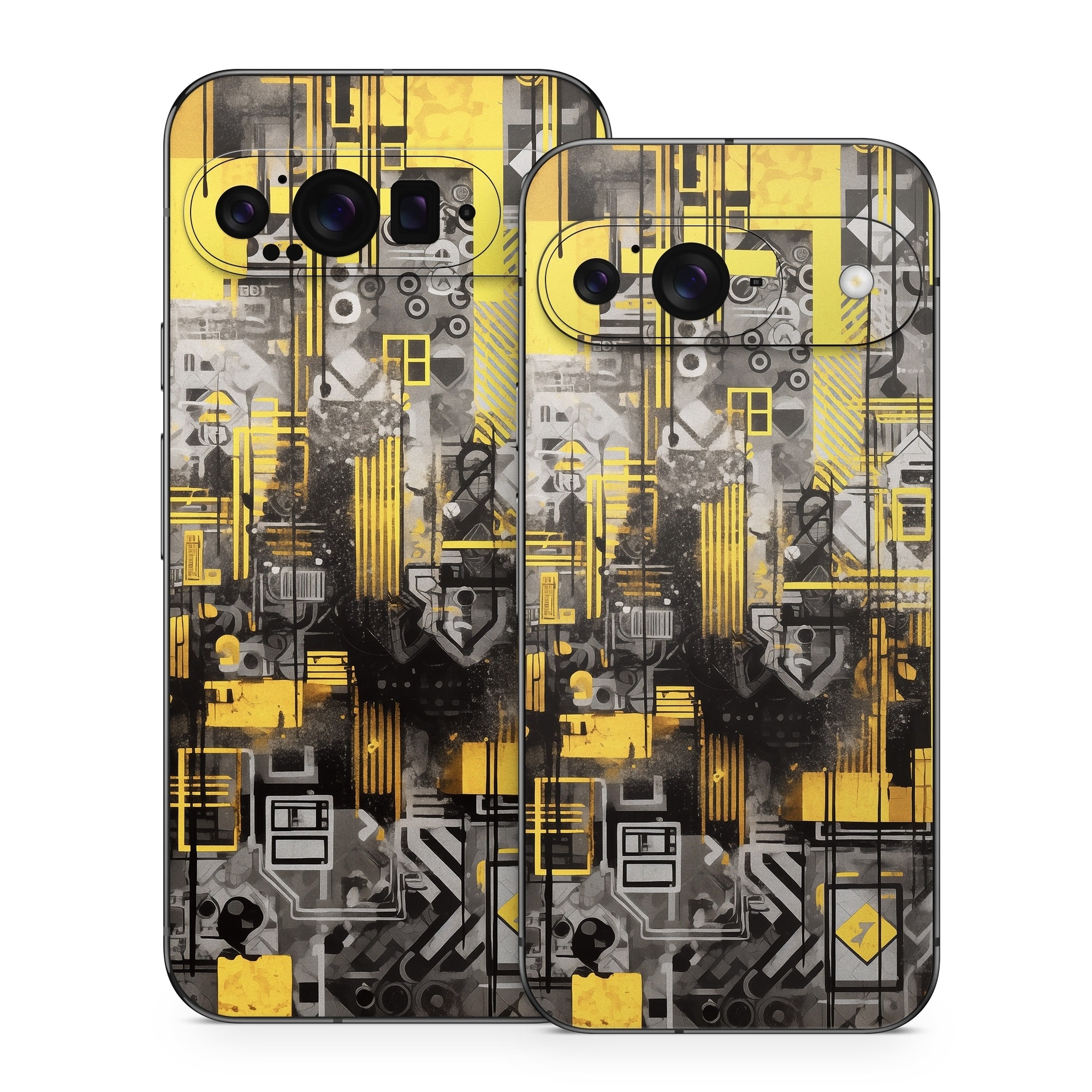 Google Pixel 9 Series Skin design of Rectangle, Yellow, Font, Art, City, Engineering, Tints and shades, Pattern, Symmetry, Space, with black, white, gray, yellow colors