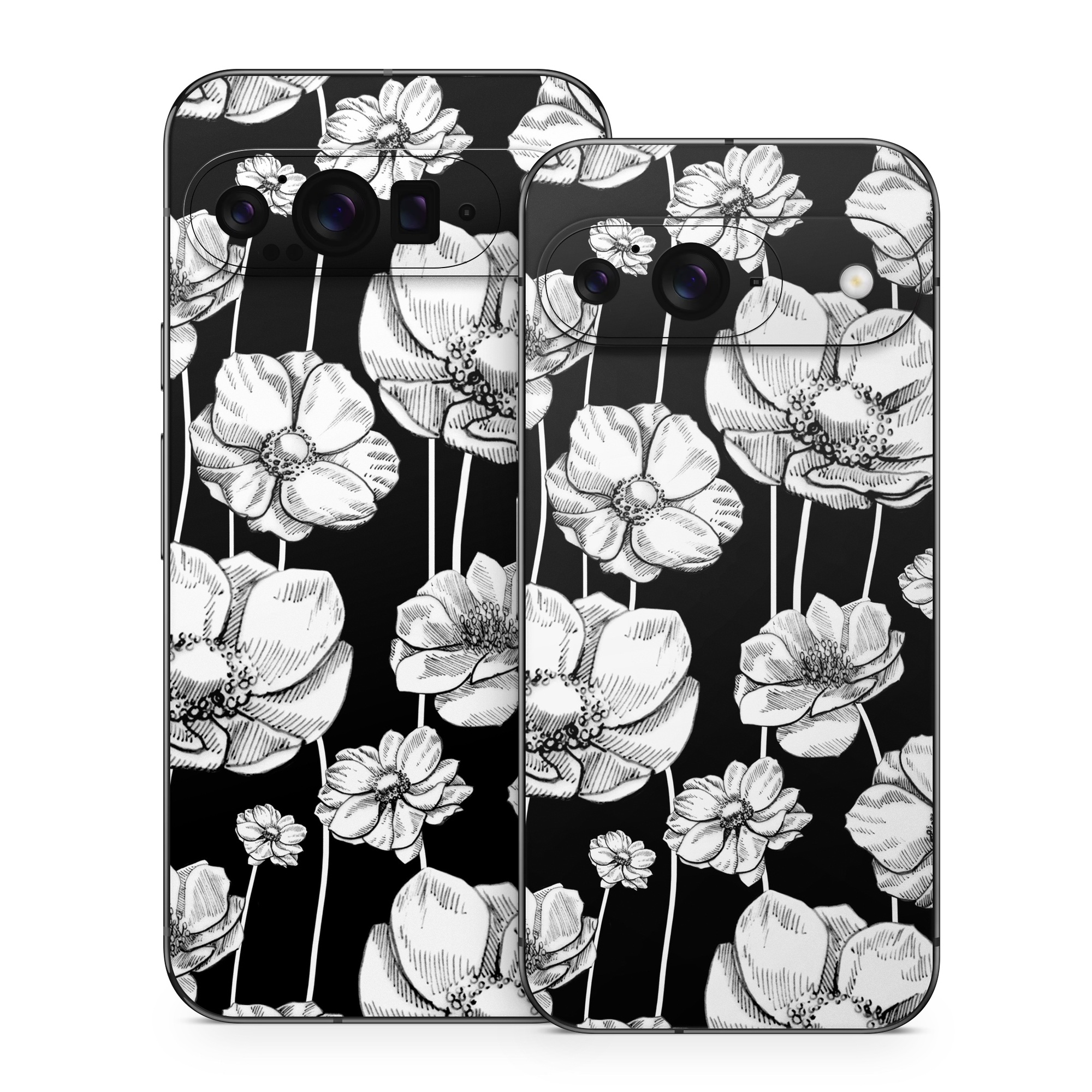 Google Pixel 9 Series Skin design of Flower, Black-and-white, Plant, Botany, Petal, Design, Wildflower, Monochrome photography, Pattern, Monochrome, with black, gray, white colors
