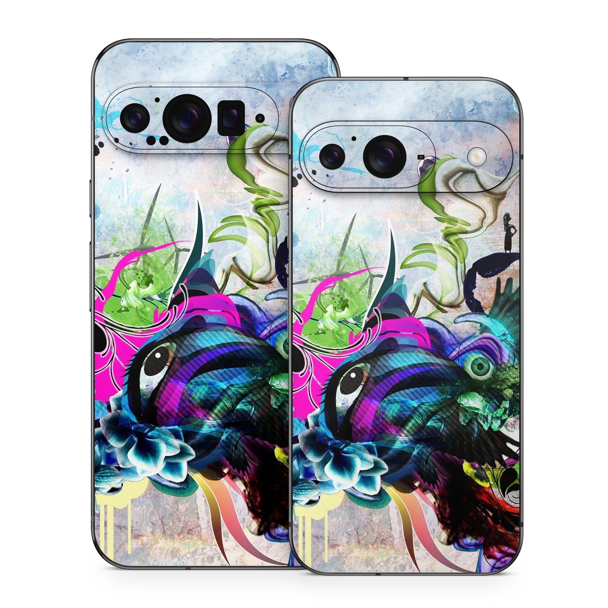 Google Pixel 9 Series Skin design of Graphic design, Psychedelic art, Art, Illustration, Purple, Visual arts, Graffiti, Street art, Design, Painting, with gray, black, blue, green, purple colors