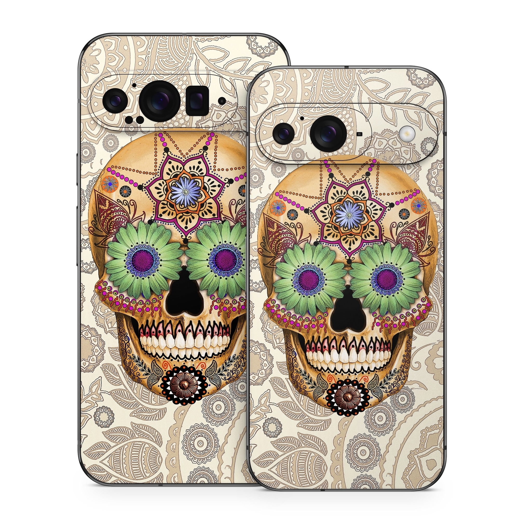 Google Pixel 9 Series Skin design of Skull, Bone, Pattern, Design, Illustration, Visual arts, Fashion accessory, Art, with gray, yellow, green, black, red, pink colors