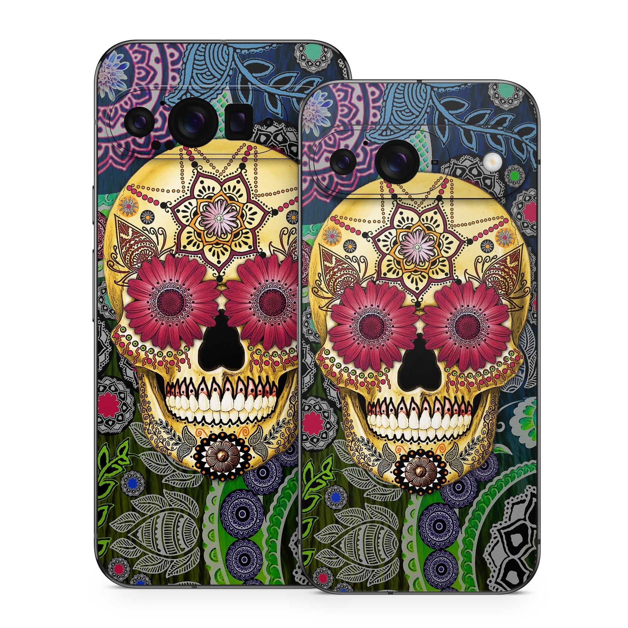 Google Pixel 9 Series Skin design of Skull, Bone, Pattern, Psychedelic art, Visual arts, Design, Illustration, Art, Textile, Plant, with black, red, gray, green, blue colors