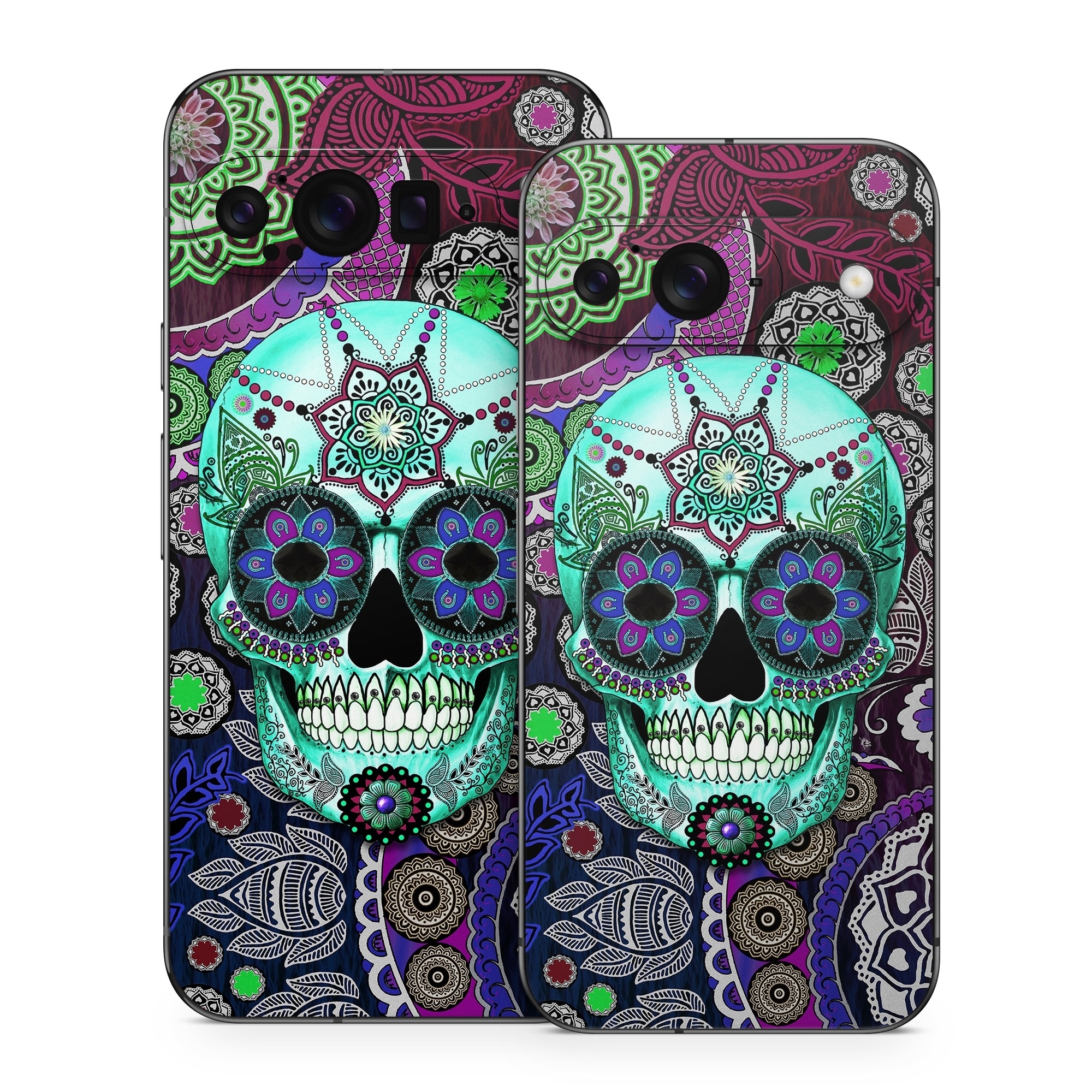 Google Pixel 9 Series Skin design of Psychedelic art, Pattern, Skull, Purple, Bone, Violet, Design, Visual arts, Art, Magenta, with blue, green, purple, red, green, pink colors