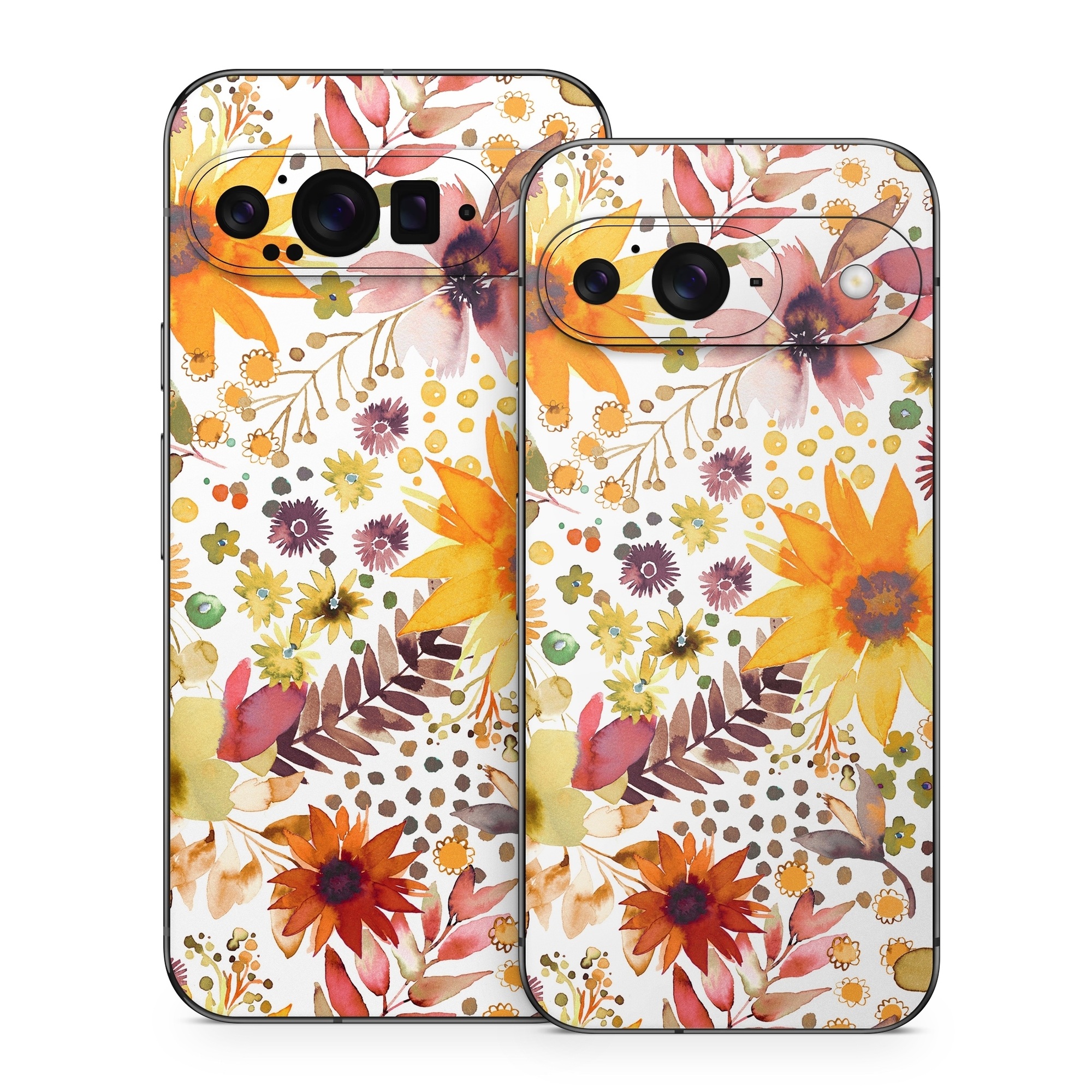 Google Pixel 9 Series Skin design of Flower, Plant, Petal, Botany, Textile, Orange, Line, Groundcover, Creative arts, Flowering plant, with white, yellow, pink, green, brown, orange colors
