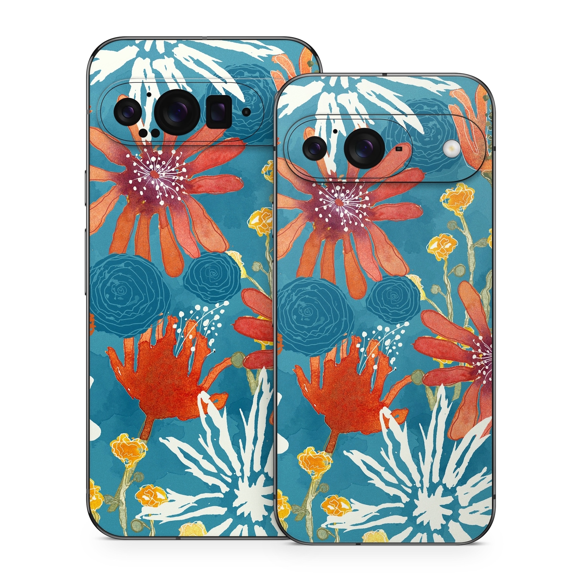 Google Pixel 9 Series Skin design of Pattern, Visual arts, Wrapping paper, Design, Wildflower, Floral design, Textile, Flower, Plant, Motif, with blue, red, gray, yellow, green colors