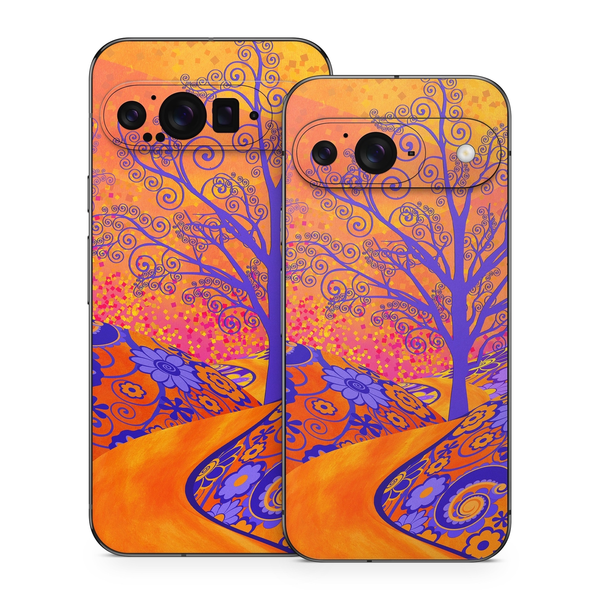 Google Pixel 9 Series Skin design of Blue, Orange, Art, Acrylic paint, Modern art, Pattern, Visual arts, Painting, Majorelle blue, Psychedelic art, with orange, yellow, red, purple colors