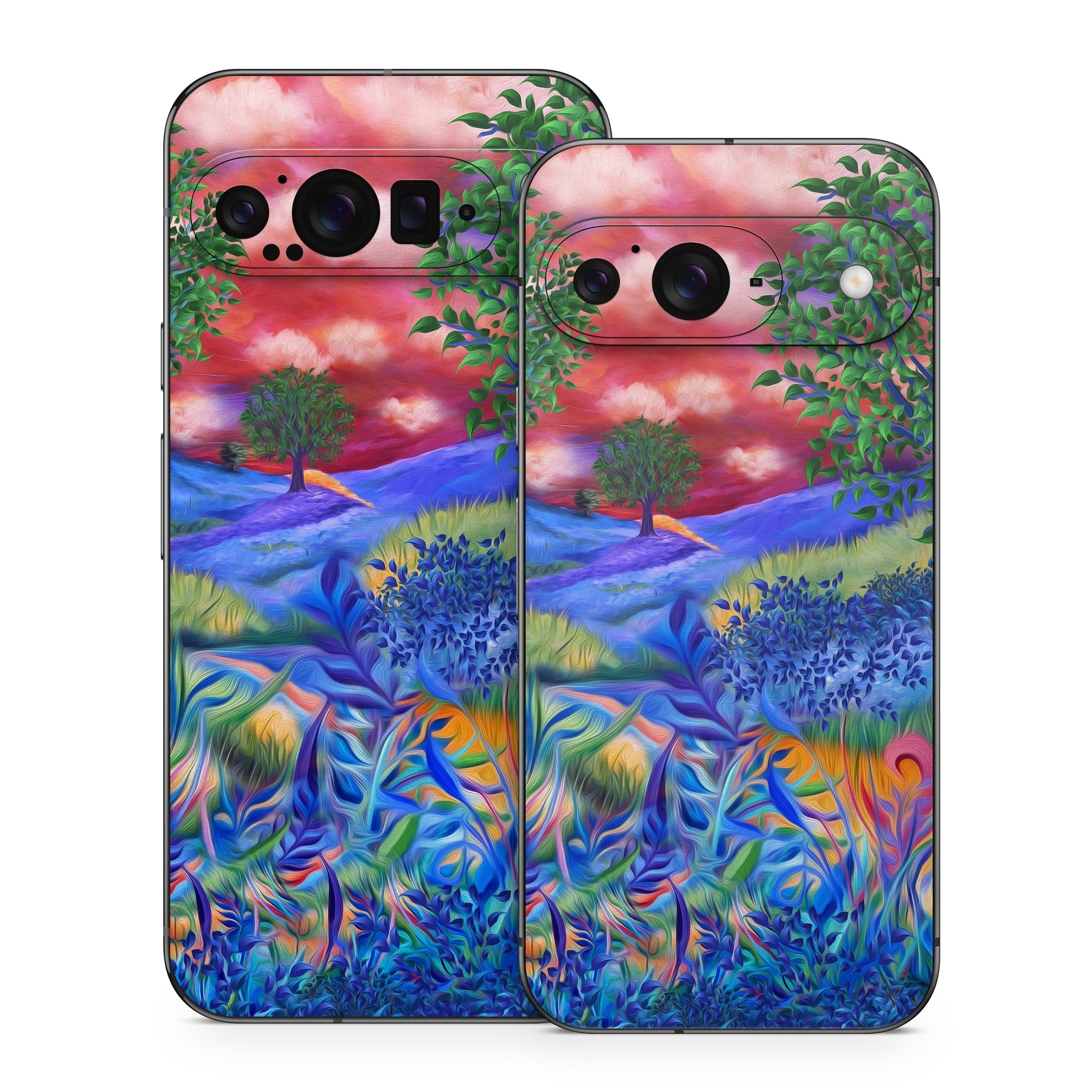 Google Pixel 9 Series Skin design of Art paint, Plant, Plant community, Paint, Natural landscape, People in nature, Vegetation, Grass, Art, Painting, with blue, red, green, orange, yellow, pink, white colors