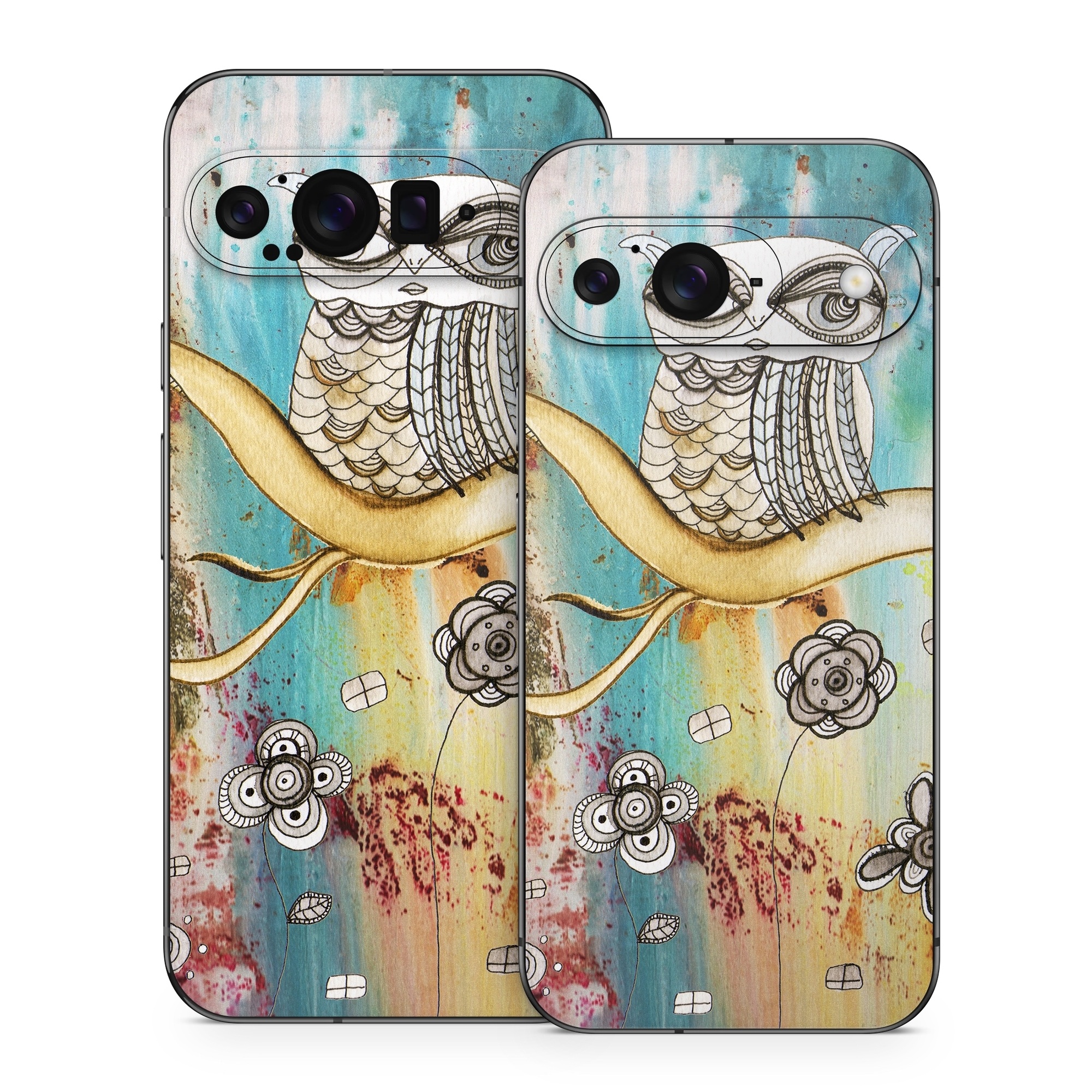 Google Pixel 9 Series Skin design of Owl, Pink, Illustration, Art, Visual arts, Watercolor paint, Organism, Modern art, Graphic design, Pattern, with gray, red, green, black, blue, purple colors