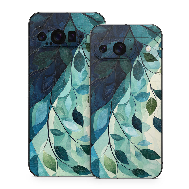 Google Pixel 9 Series Skin design of Blue, Natural material, Modern art, Wallpaper, Paint, Motif, with white, blue, green, yellow colors